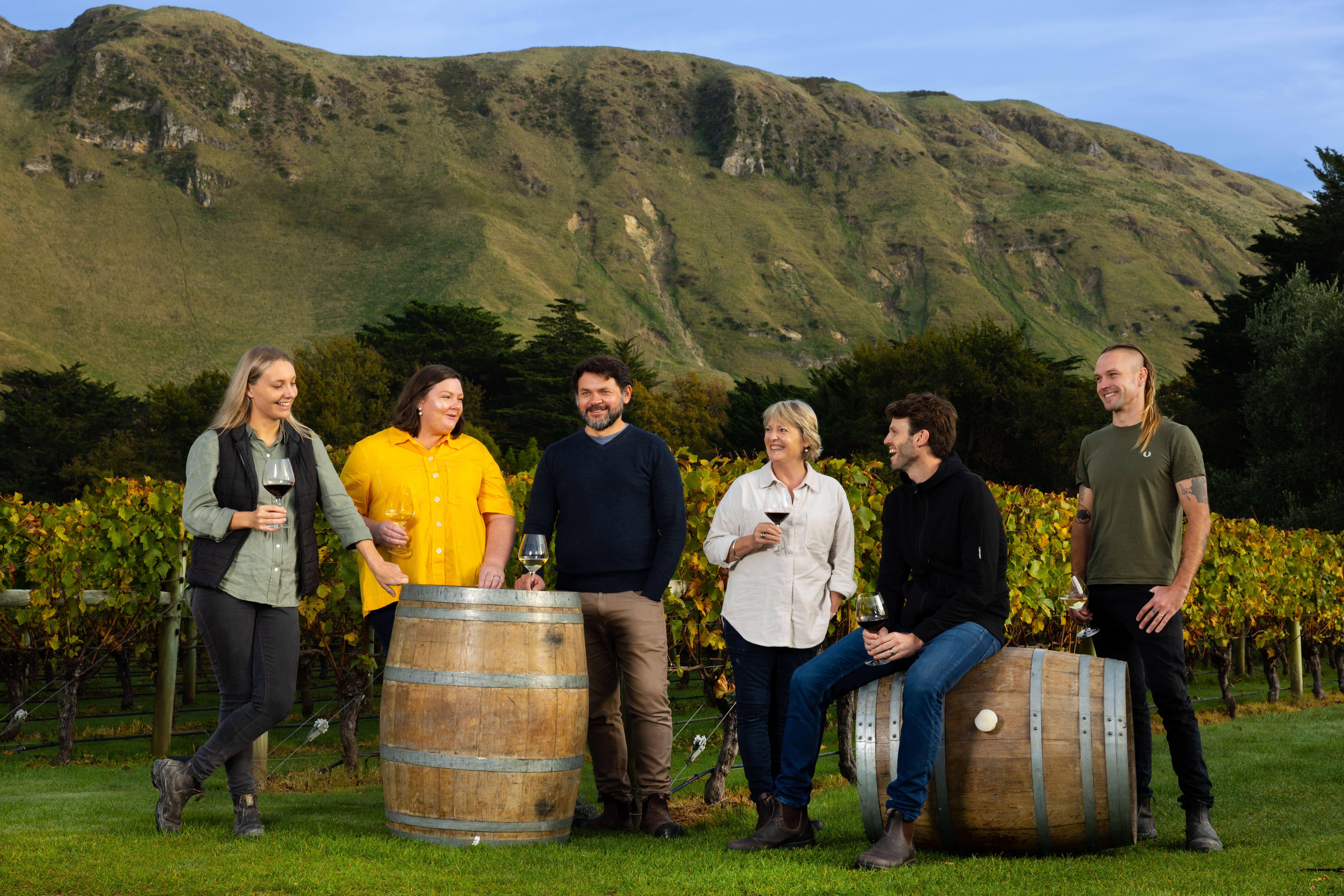 Hawke's Bay winemakers, from left: Penelope Radburnd, Lauren Swift, Barry Riwai, Kate Radburnd, Julian Grounds, Alex Hendry. Photo / Brett Phibbs                    
 
