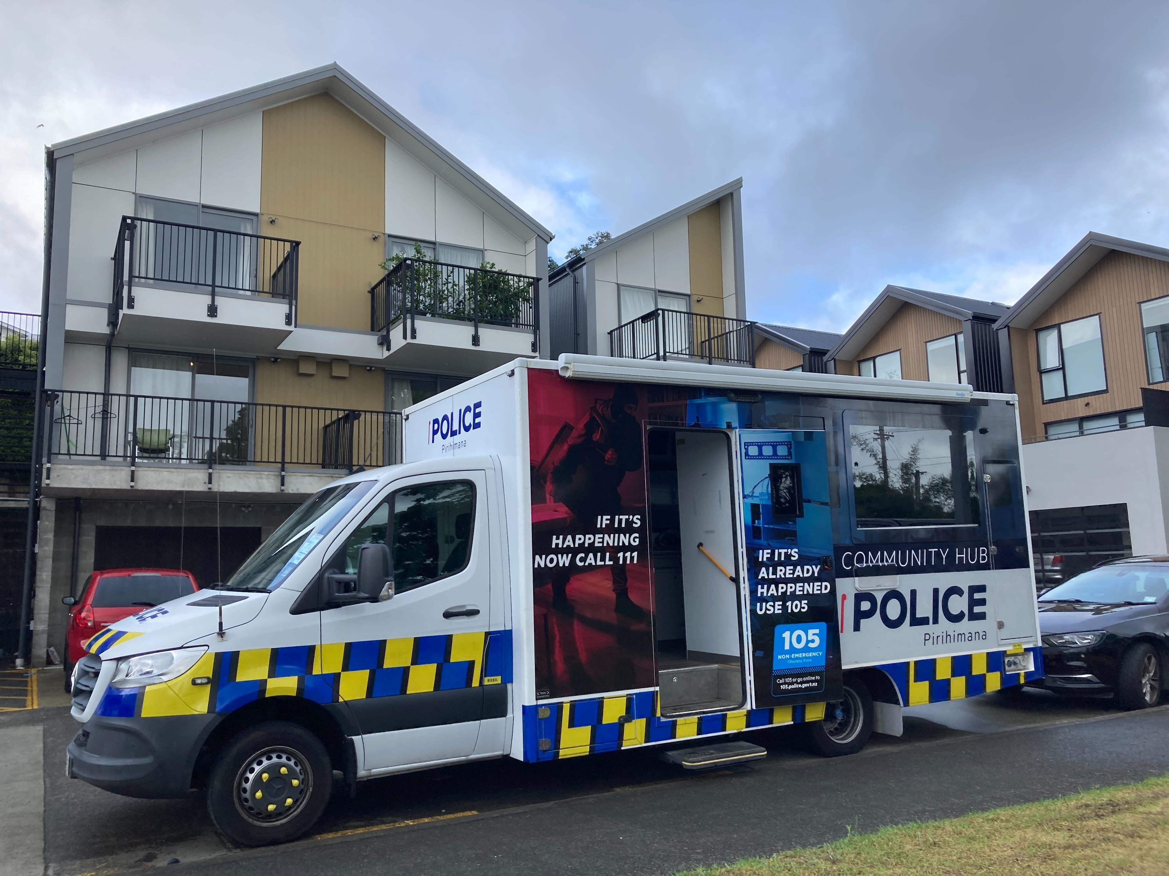 Police and investigators remained at a Kāinga Ora complex on Tuesday. Photo / Jaime Lyth