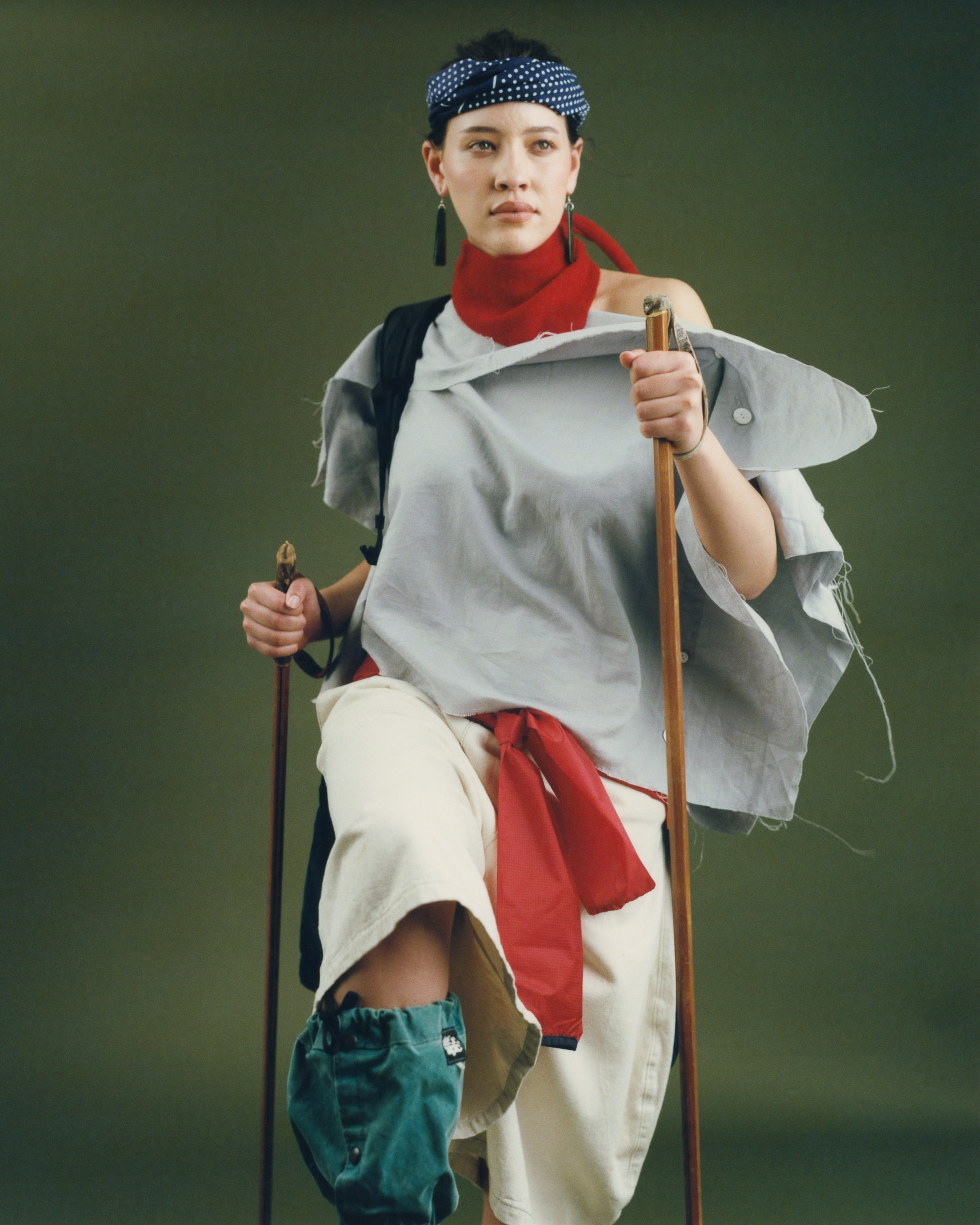 Fabienne wears Otsu top and shorts, Timberland boots and backpack, bandana and scarf from Garden Objects. Photo / Jerome Warburton