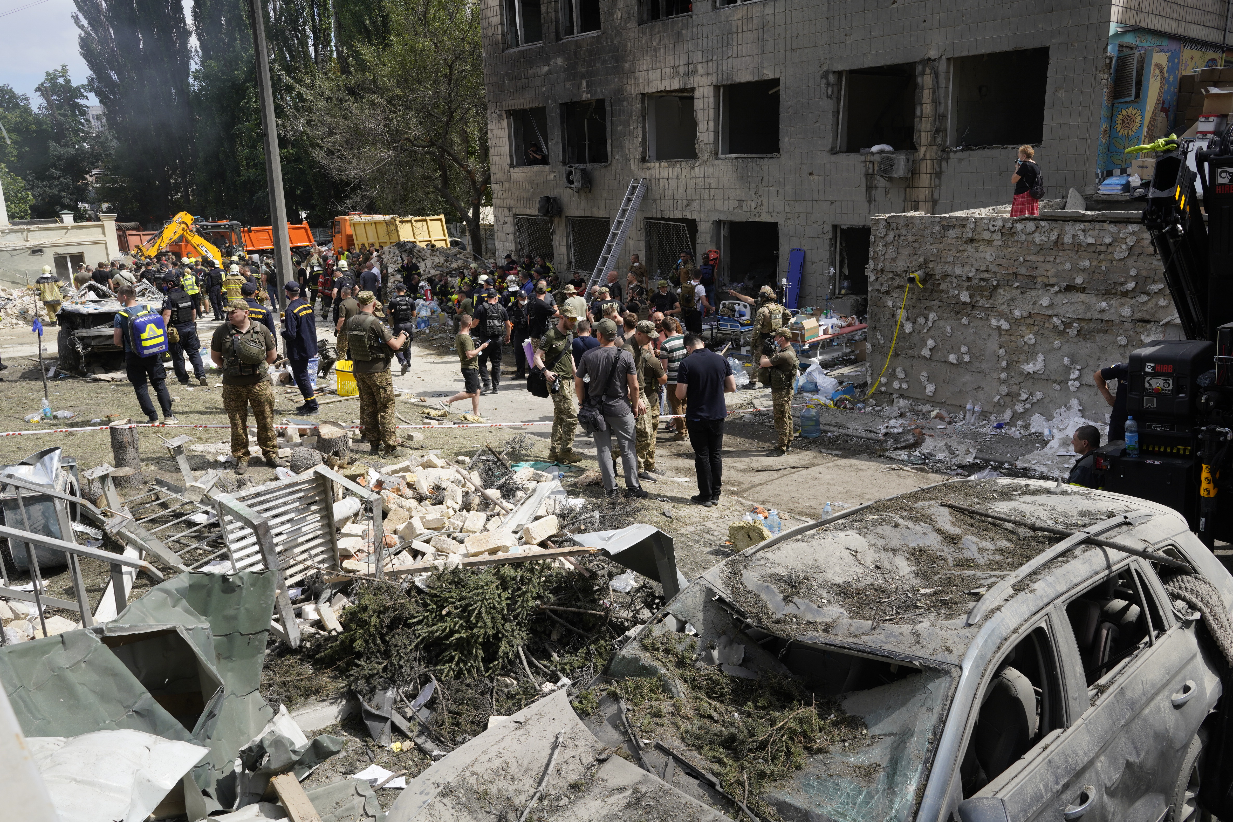 The site of a Russian missile strike on a children's hospital in Kyiv, Ukraine. The Kremlin says this week's prisoner exchange won't open the way for peace talks to end the conflict. Photo / Getty Images
