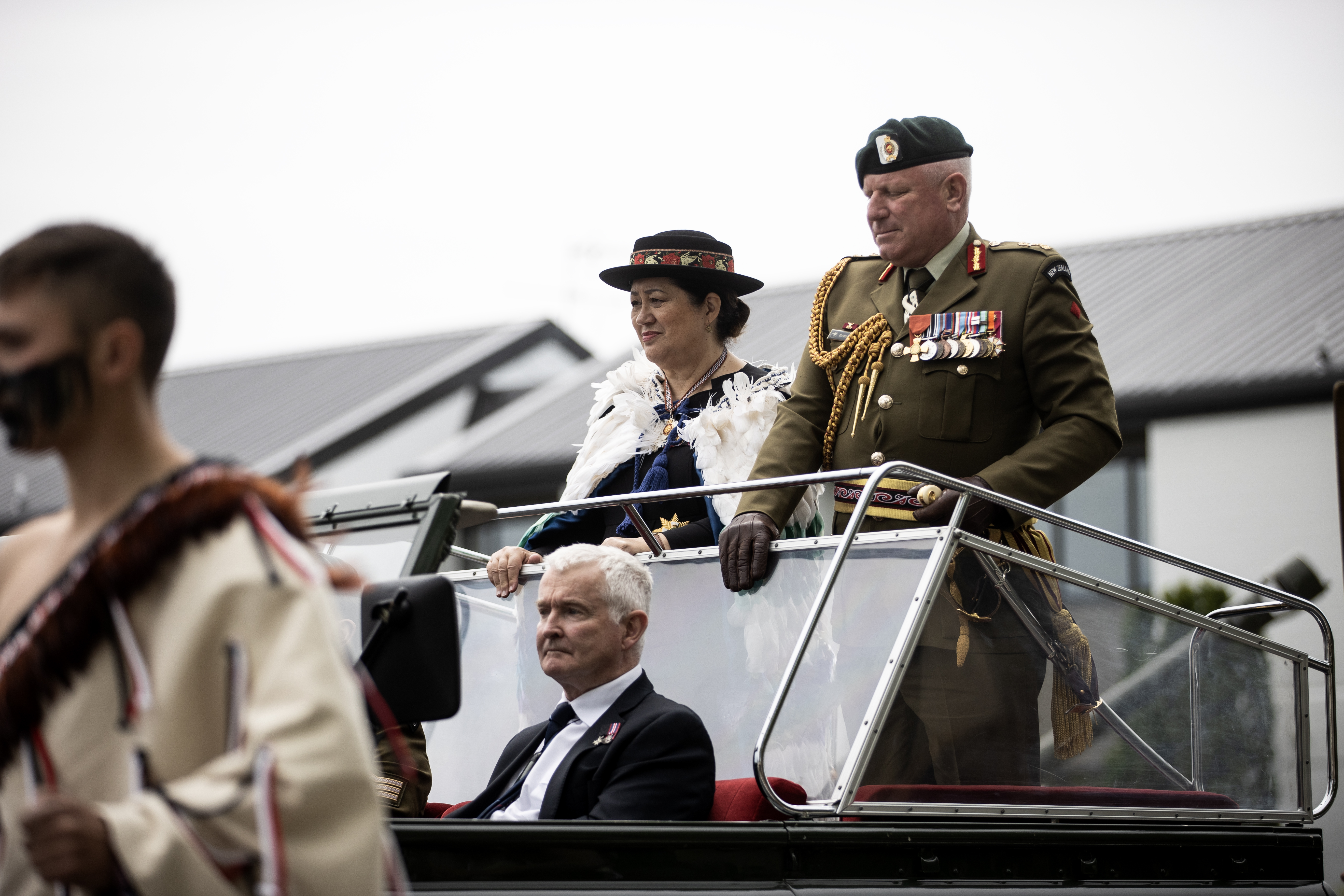 Major General (retired) Evan Williams (right, standing) accompanies Governor-General Dame Cindy Kiro to the parade grounds at Burnham Army Camp last October. Photo / George Heard