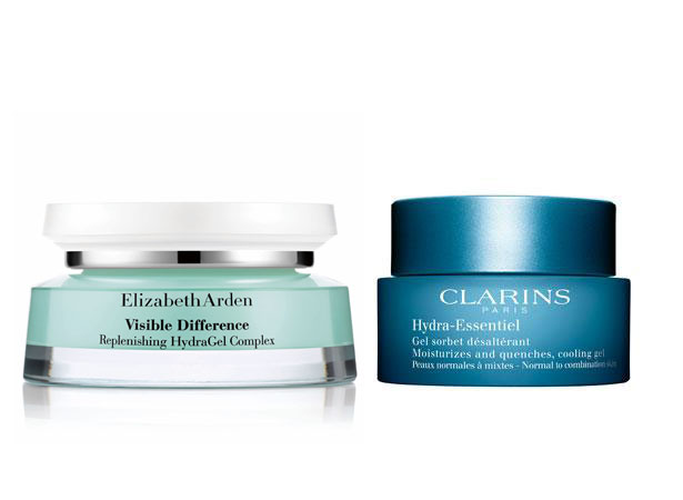 From left: Elizabeth Arden Visible Difference Replenishing Hydra Gel Complex, Clarins Hydra-Essentiel Cooling Gel. Photos / Supplied 