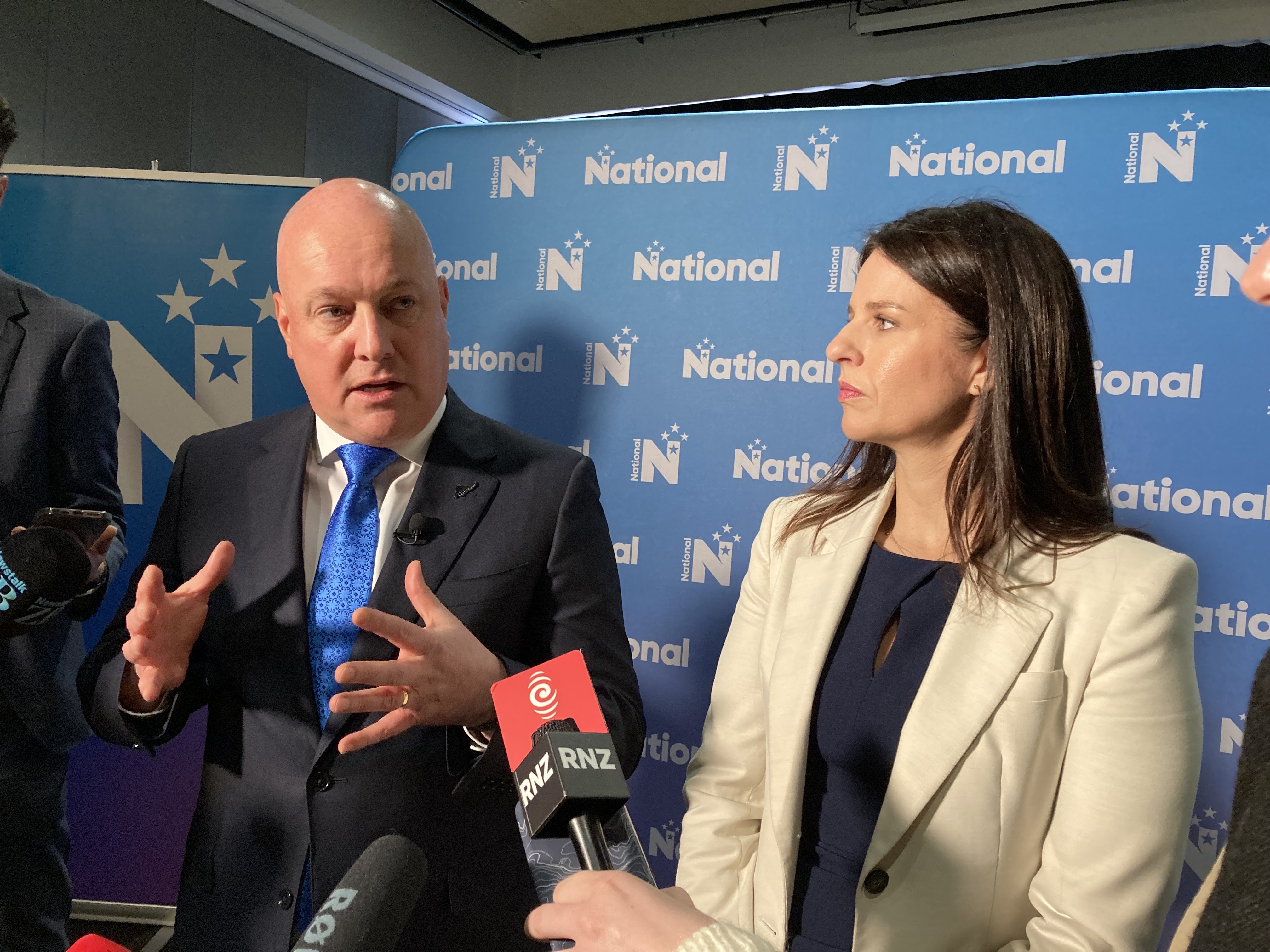 PM Christopher Luxon and Education Minister Erica Stanford speak to media about the new education move. Photo / Claire Trevett