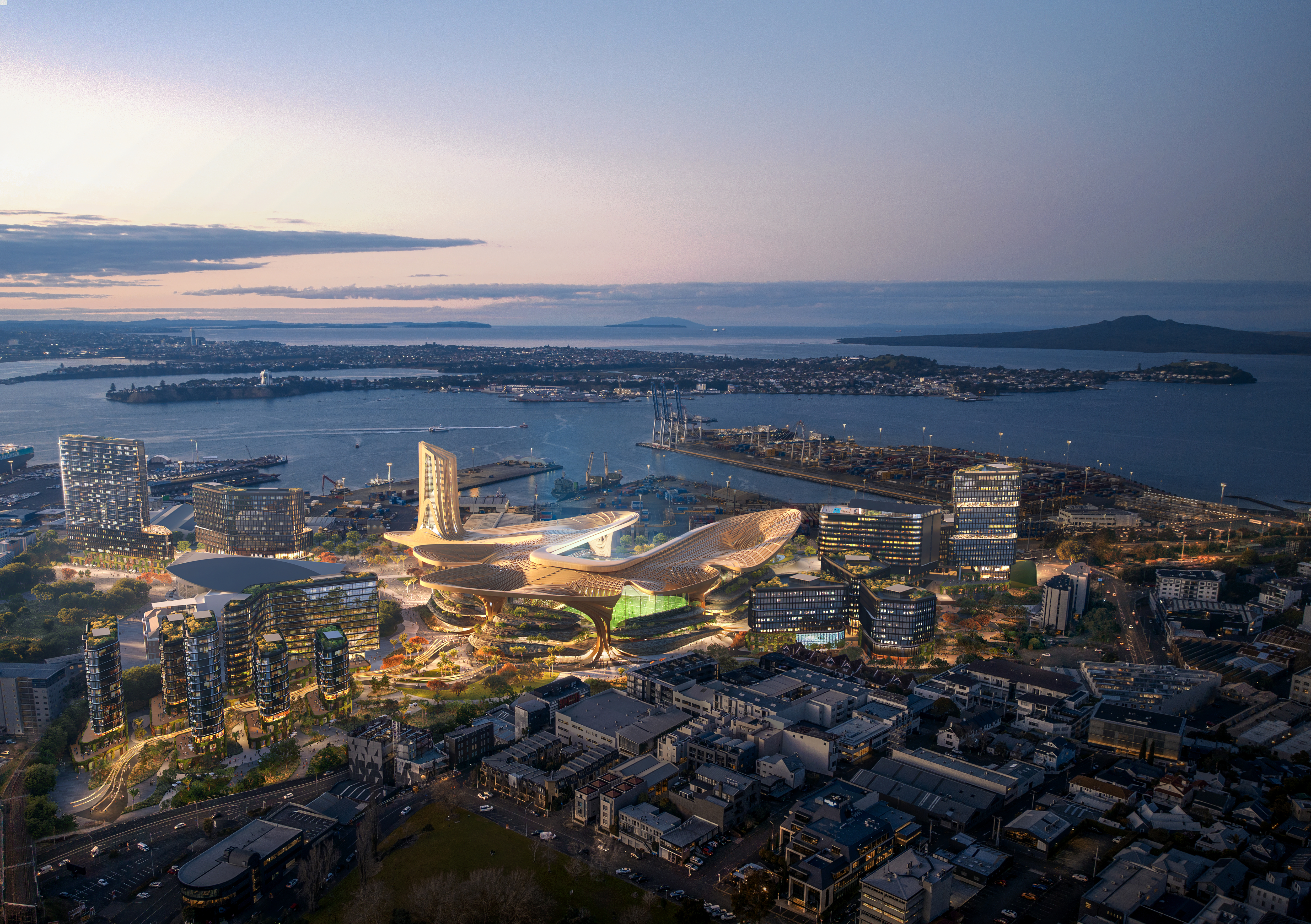 Aerial shot of proposed new precinct at Quay Park, featuring the downtown stadium, hotels, commercial, retail and residential space.