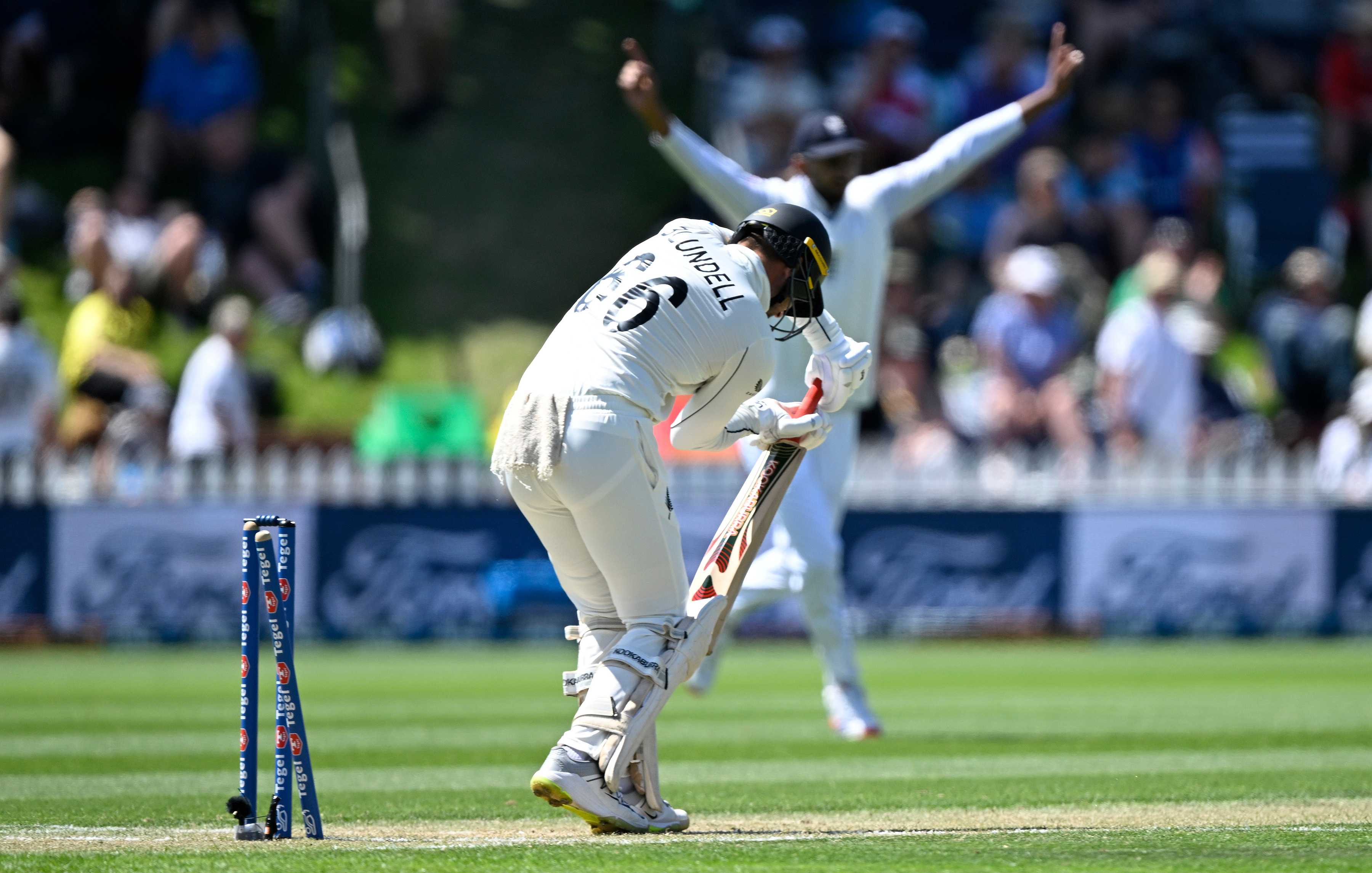 Tom Blundell is bowled out on the second day of the second test. Photo / Photosport