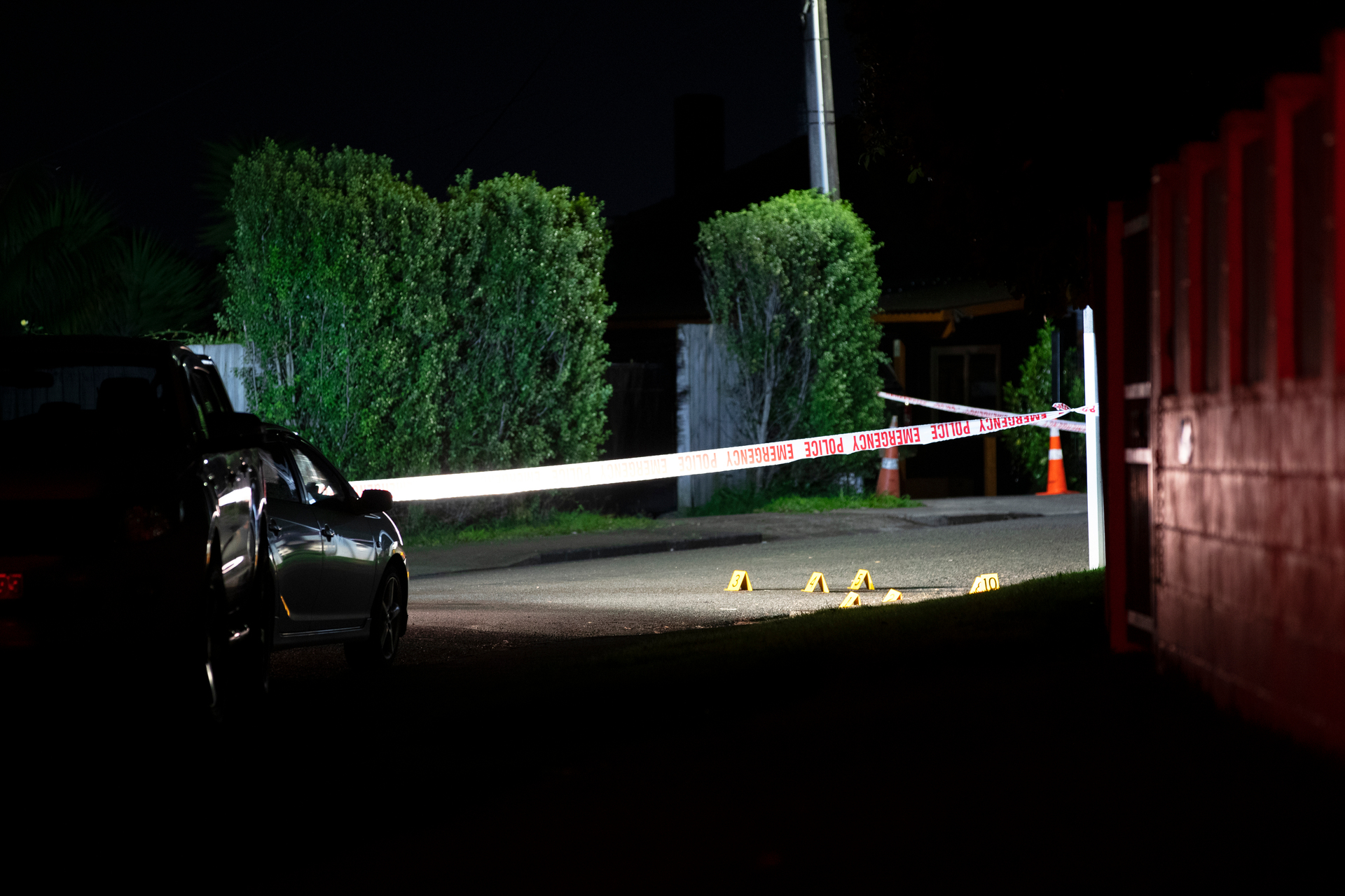 A police cordon outside a property in Te Atatu South, West Auckland, after a firearms incident last night. Photo / Hayden Woodward