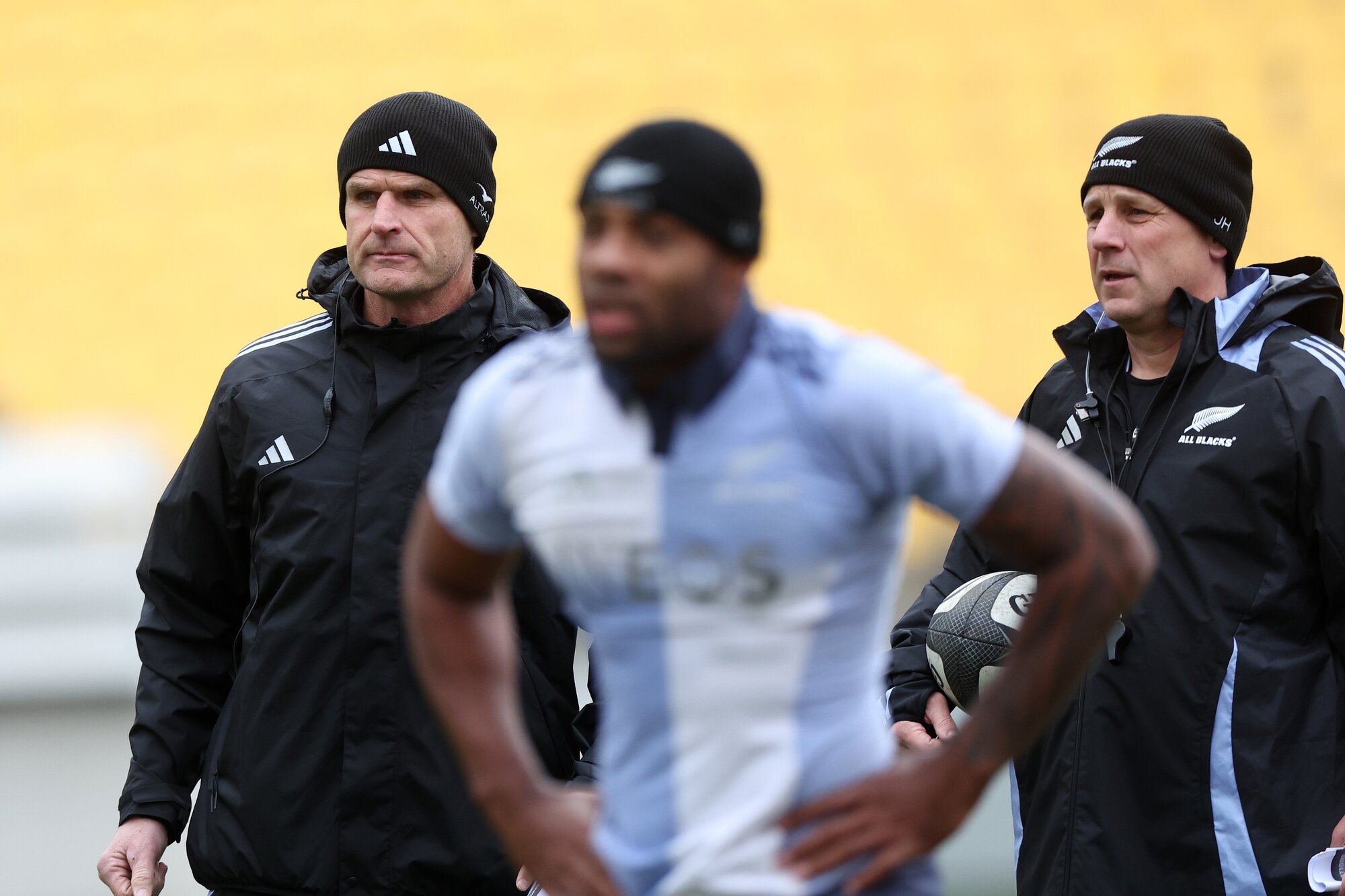 All Blacks head coach Scott Robertson and assistant Jason Holland look on at training last year. Photo / SmartFrame