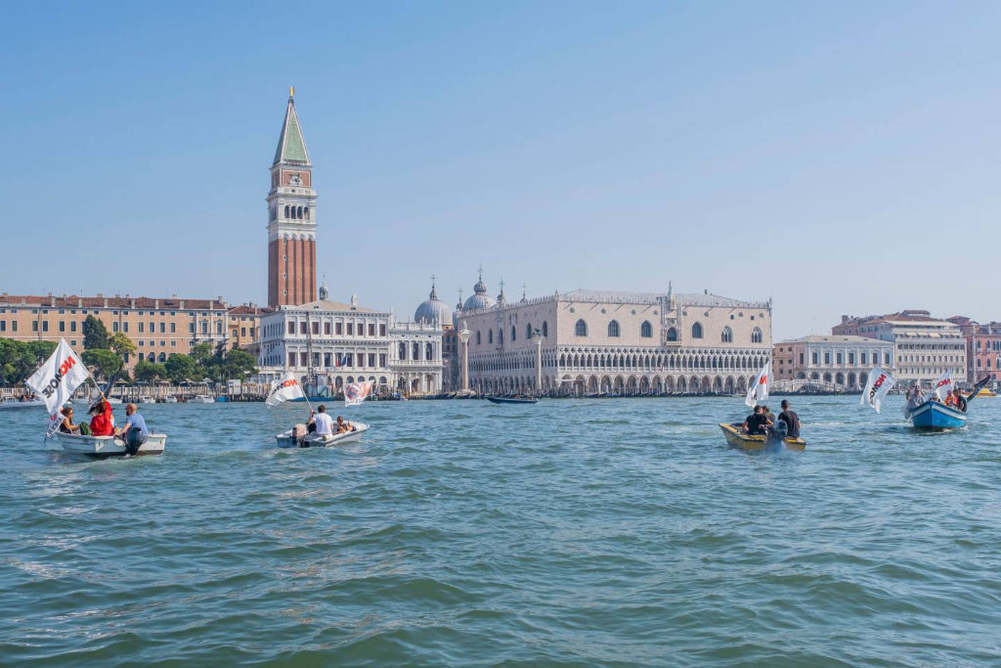 No Grandi Navi: Protests took to the water earlier this year against the return of cruise ships. Photo / Getty Images