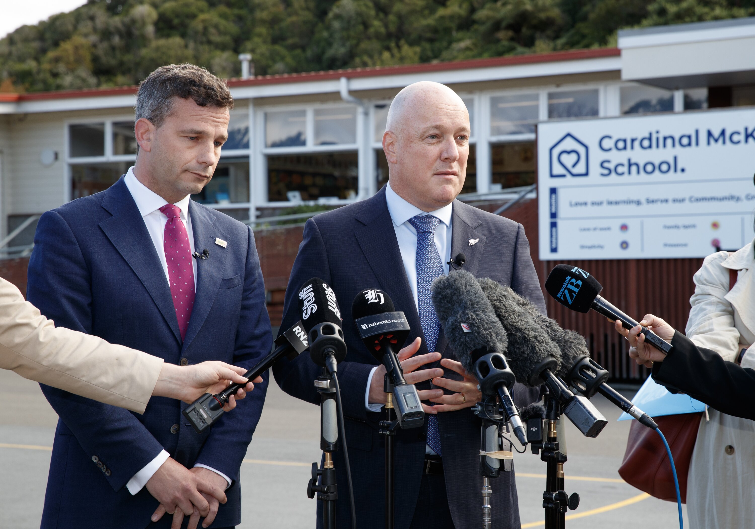 Prime Minister Christopher Luxon and Associate Education Minister David Seymour before announcing the Government’s crackdown on truancy. Photo / Mark Mitchell