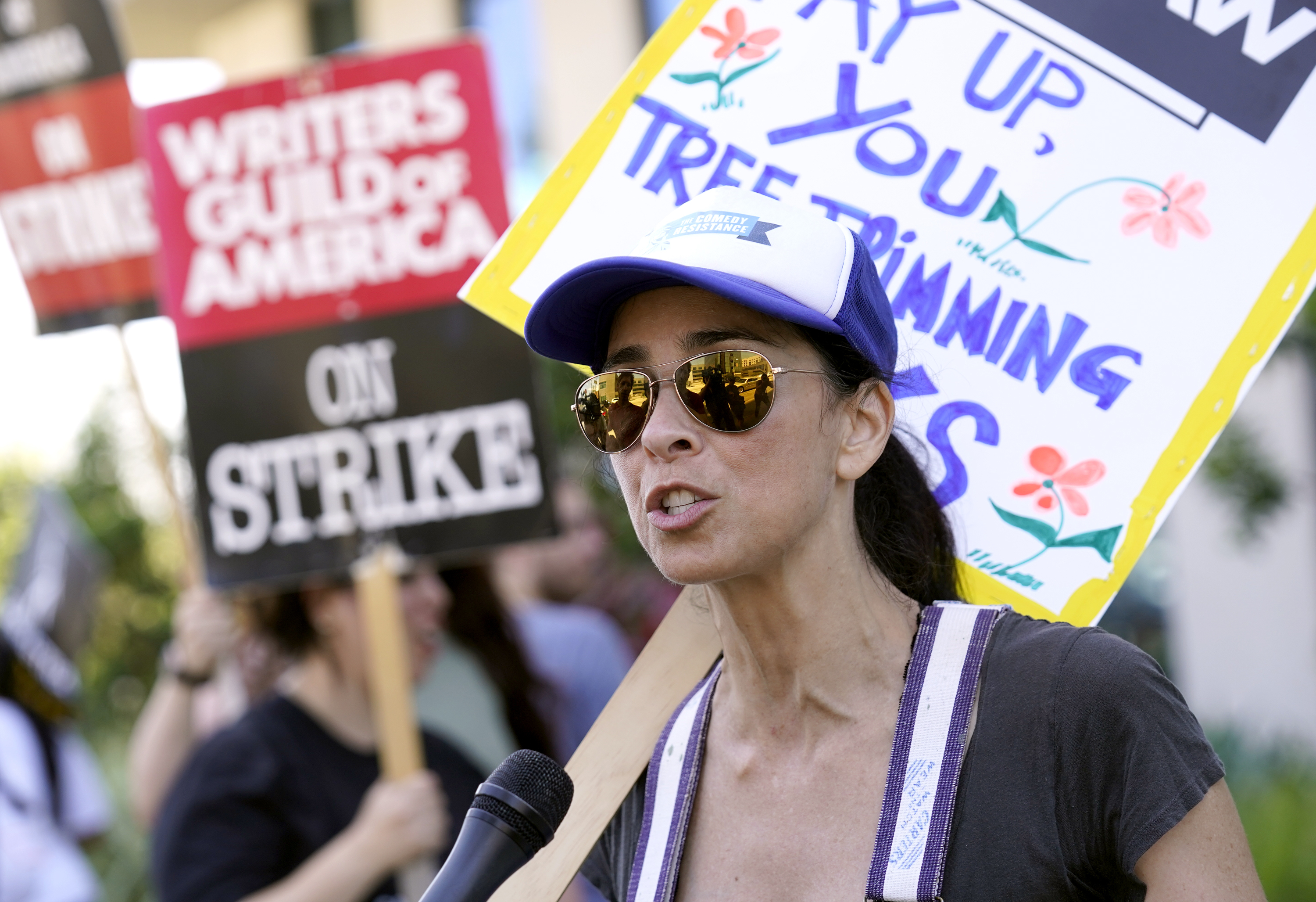 Sarah Silverman walks on a picket line outside Netflix studios in Los Angeles. Photo / AP