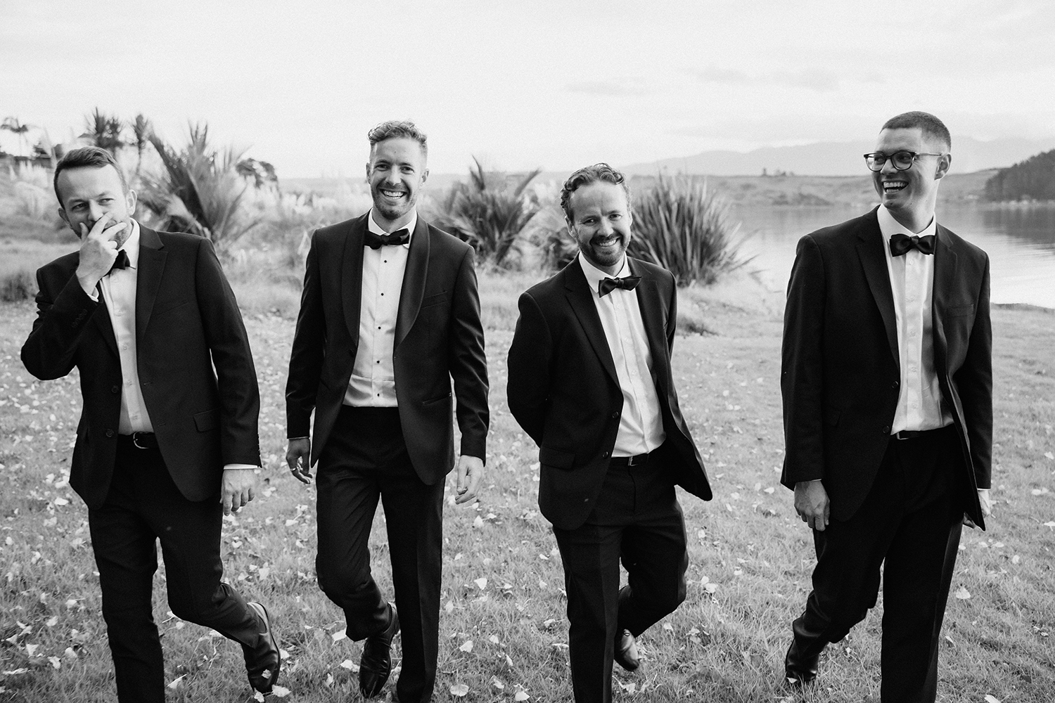 Sam and his groomsmen wore black tuxedos. Photo / Ana Galloway