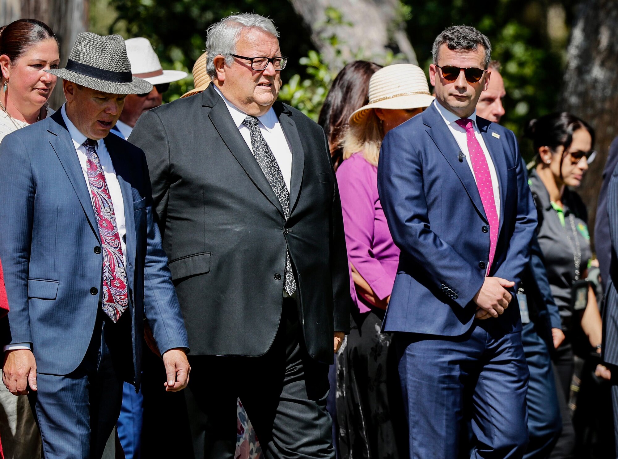 Chris Hipkins, Gerry Brownlee and David Seymour at the powhiri for the Government and other MPs at the Treaty House Marae at Waitangi this week. Photo / Dean Purcell