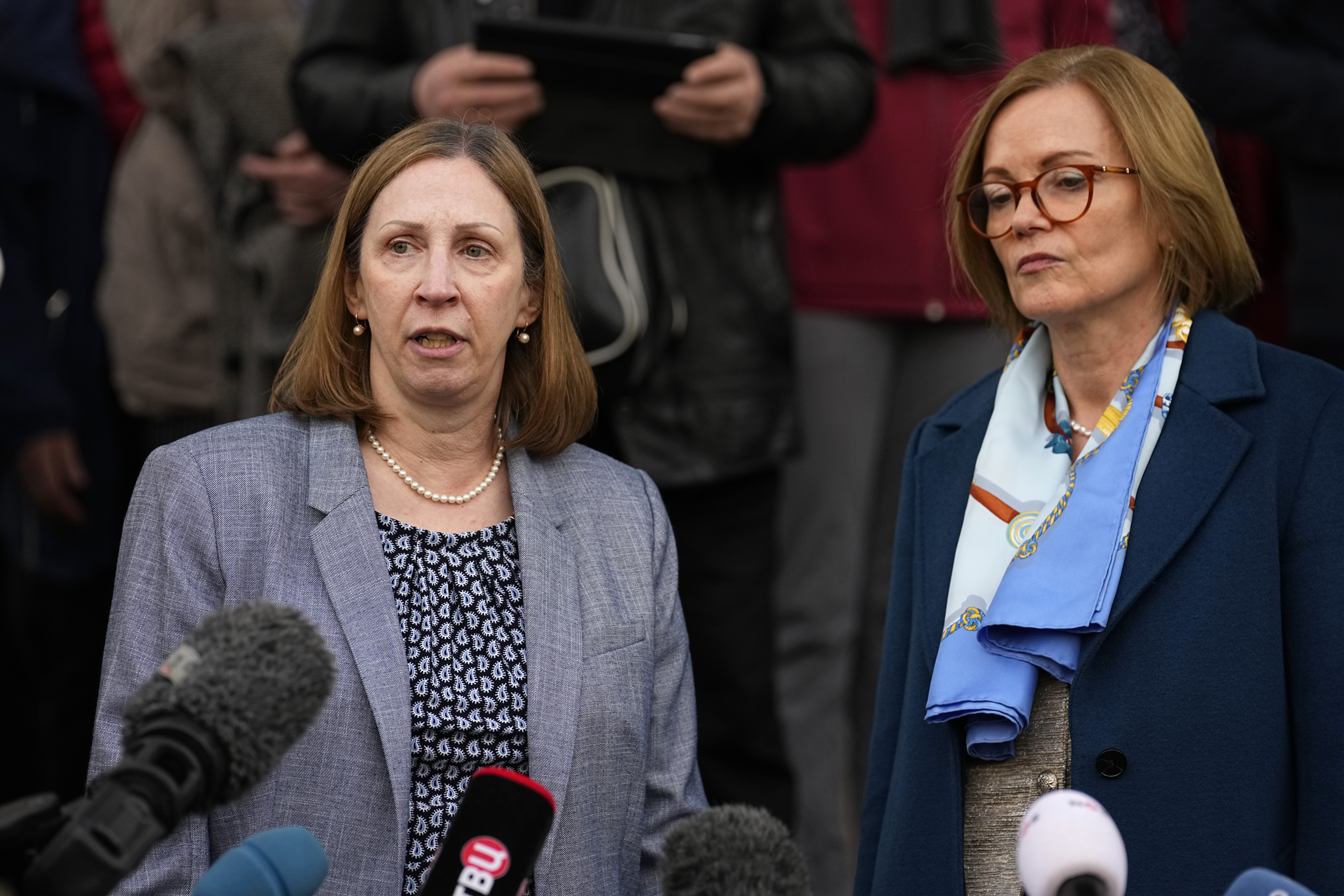 US Ambassador to Russia Lynne Tracy (left), and British Ambassador to Russia Deborah Bronnert speak to the media after the sentencing of Vladimir Kara-Murza. Photo / AP