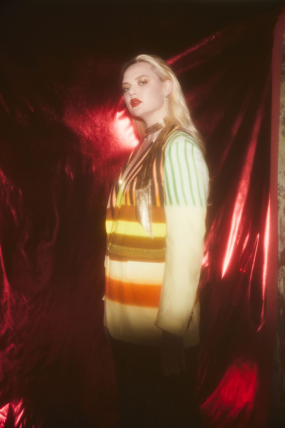 Dries Van Noten blazer, Vintage Whiting & Davis mesh scarf from Welcome Back Slow Fashion, Sofia Tekela-Smith Manihiki baroque cultured black pearl and sterling silver earrings. Photo / Mara Sommer