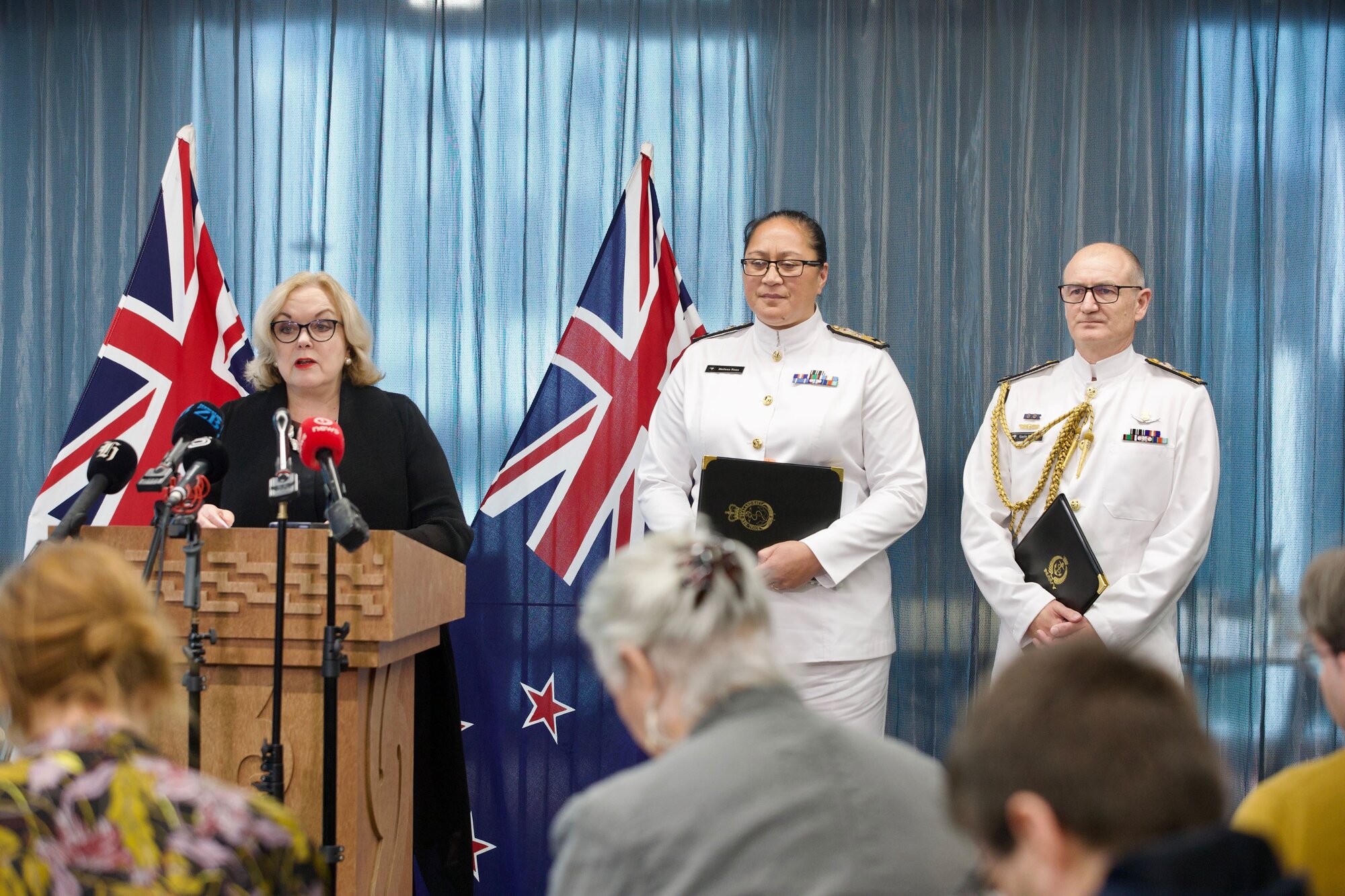 Defence Minister Judith Collins, Commodore Melissa Ross and Rear Admiral Garin Golding fronted the release of the final report into the Manawanui's sinking. Photo / Jason Dorday