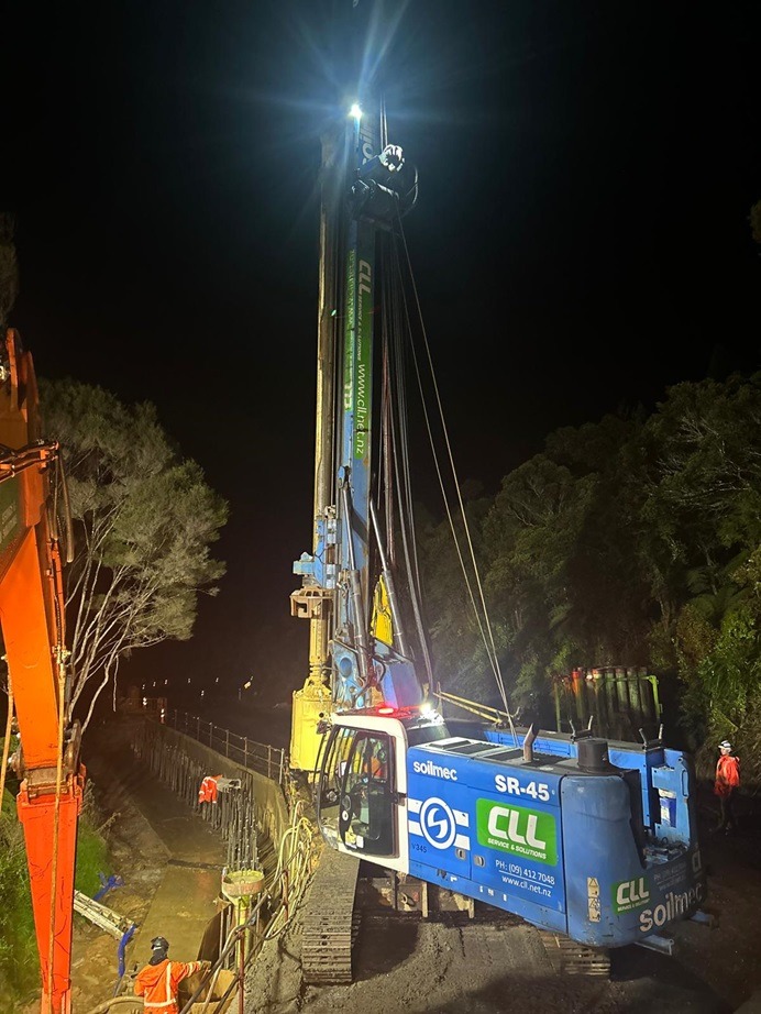 Piling work is going on around the clock to get SH1 over the Mangamukas opened by Christmas