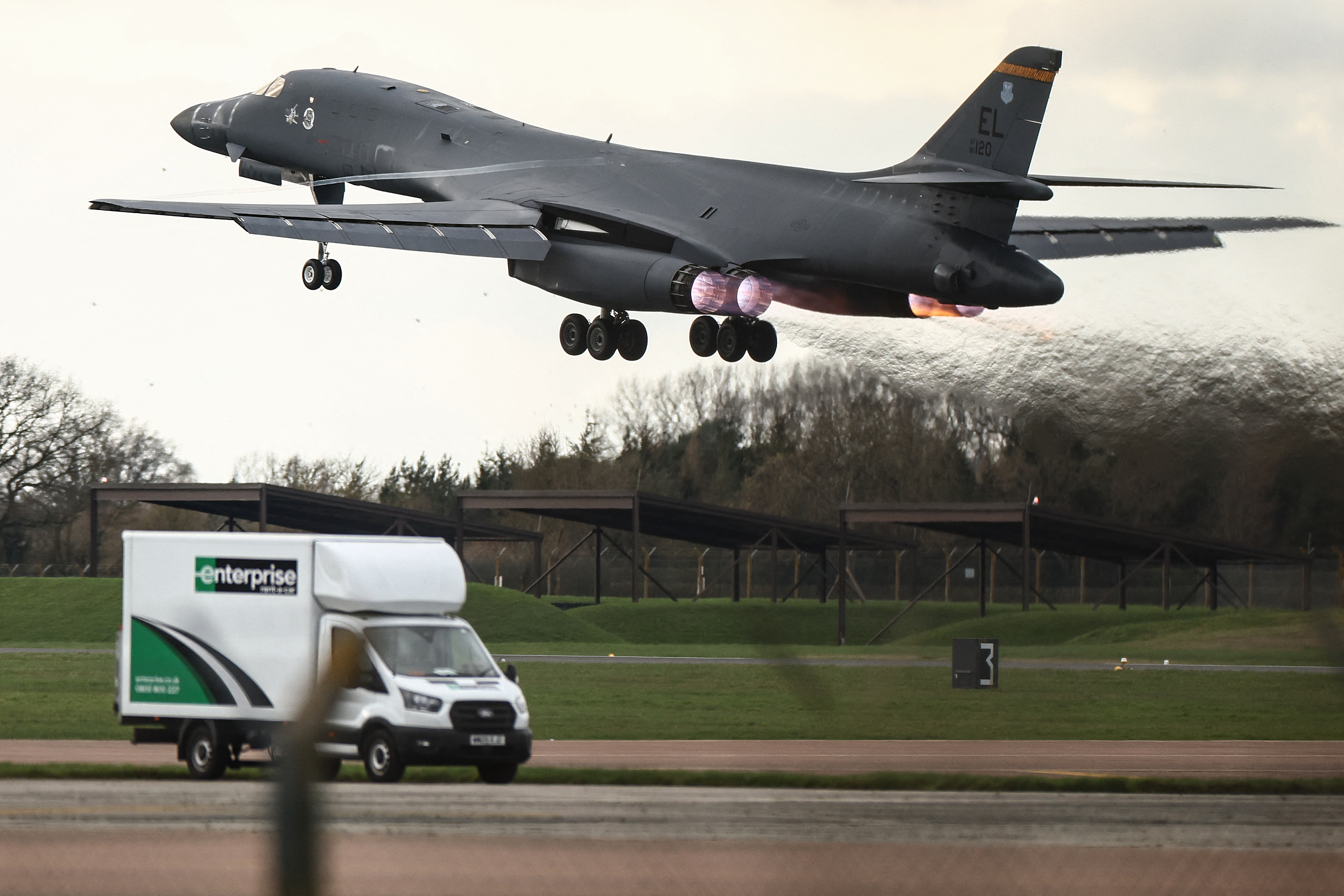 A US Air Force B-1 Lancer bomber takes off from RAF Fairford in southwest England on Tuesday. Photo / Henry Nicholls, AFP