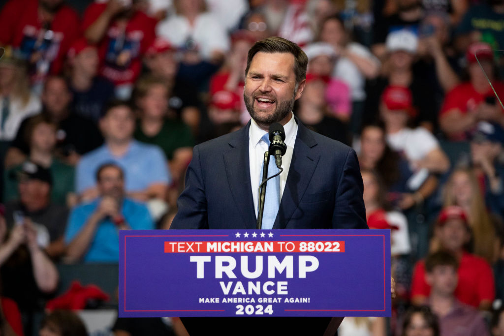 Republican vice-presidential nominee and Hillbilly Ellegy author JD Vance speaks at the first public rally with his running mate, Donald Trump, at the Van Andel Arena in Grand Rapids, Michigan. Photo / Getty Images