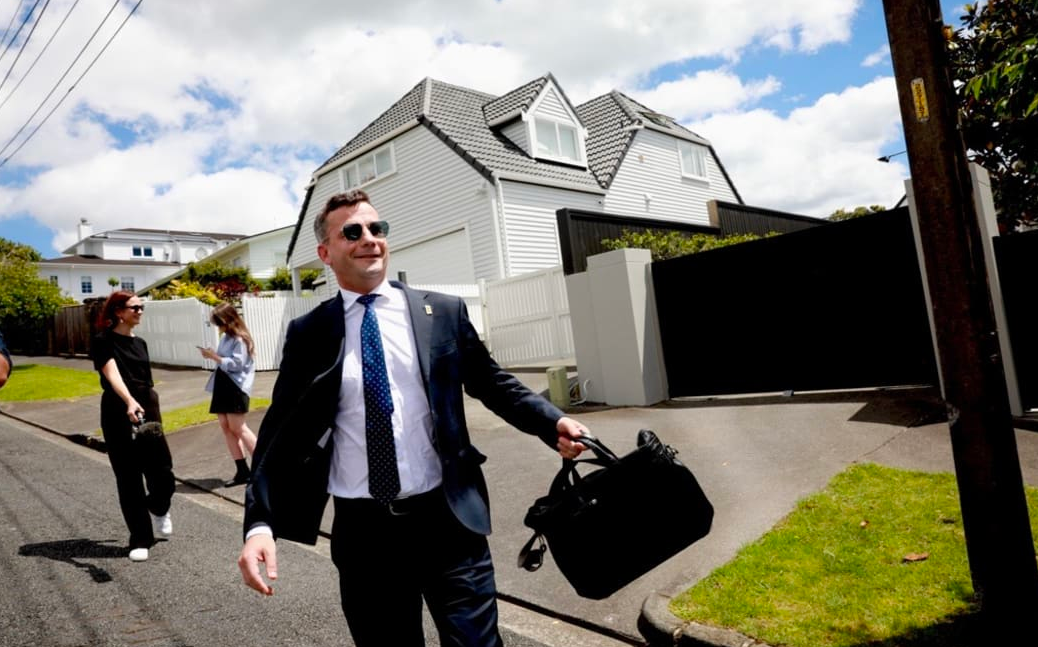 David Seymour leaves a meeting at Christopher Luxon's house. Photo / RNZ