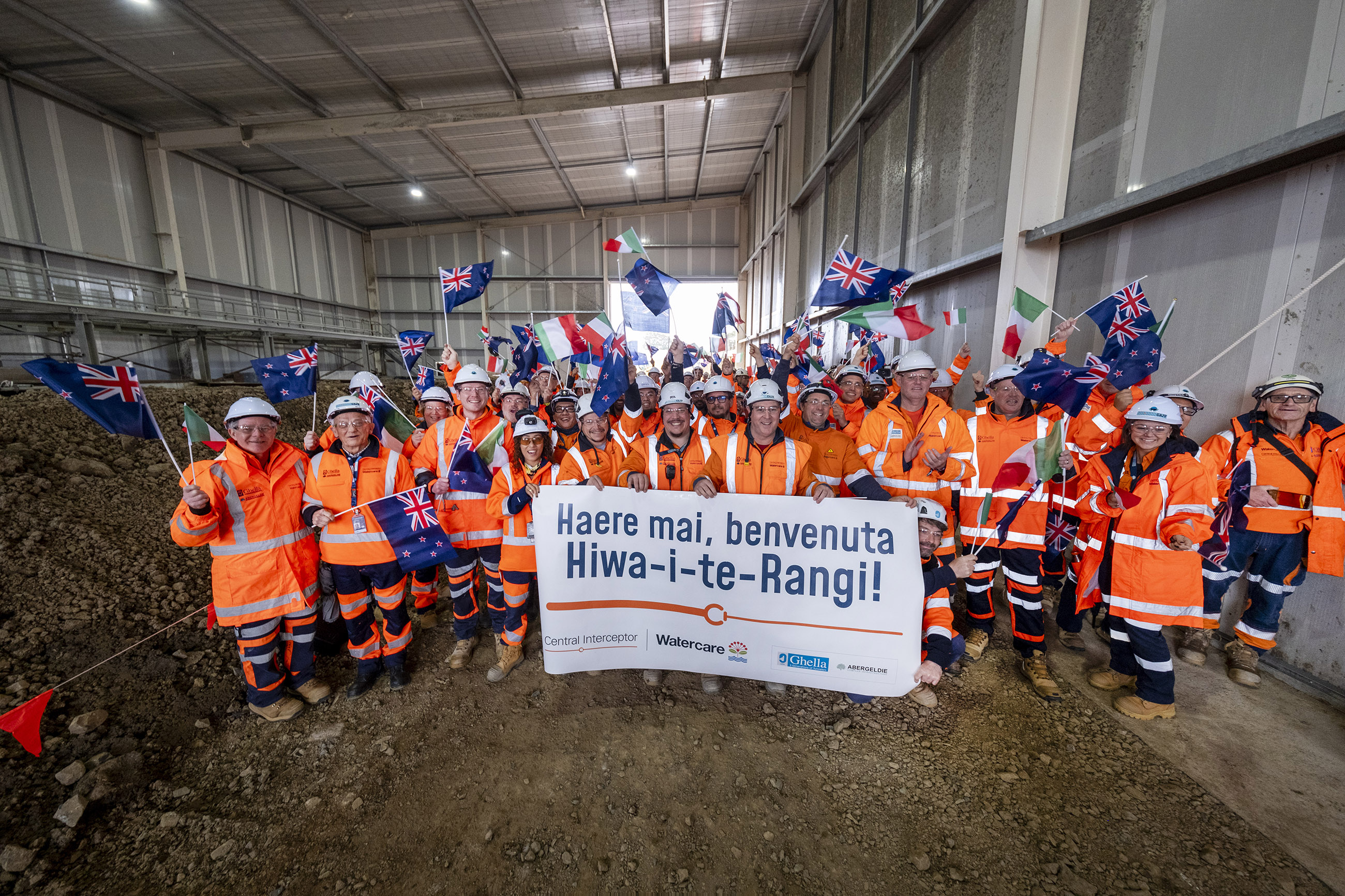 Watercare Central Interceptor staff celebrate the Tunnel Boring machine Hiwi-te-Rangi breakthrough at May Road, Mount Roskill