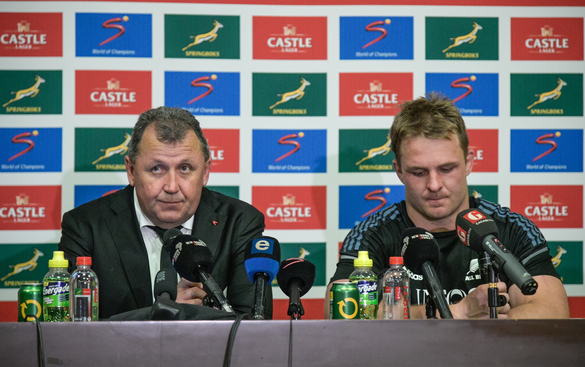 New Zealand Coach Ian Foster and Sam Cane (C) of New Zealand at the press conference after losing the match during the New Zealand All Blacks v South Africa. Photo / Photosport.co.nz
