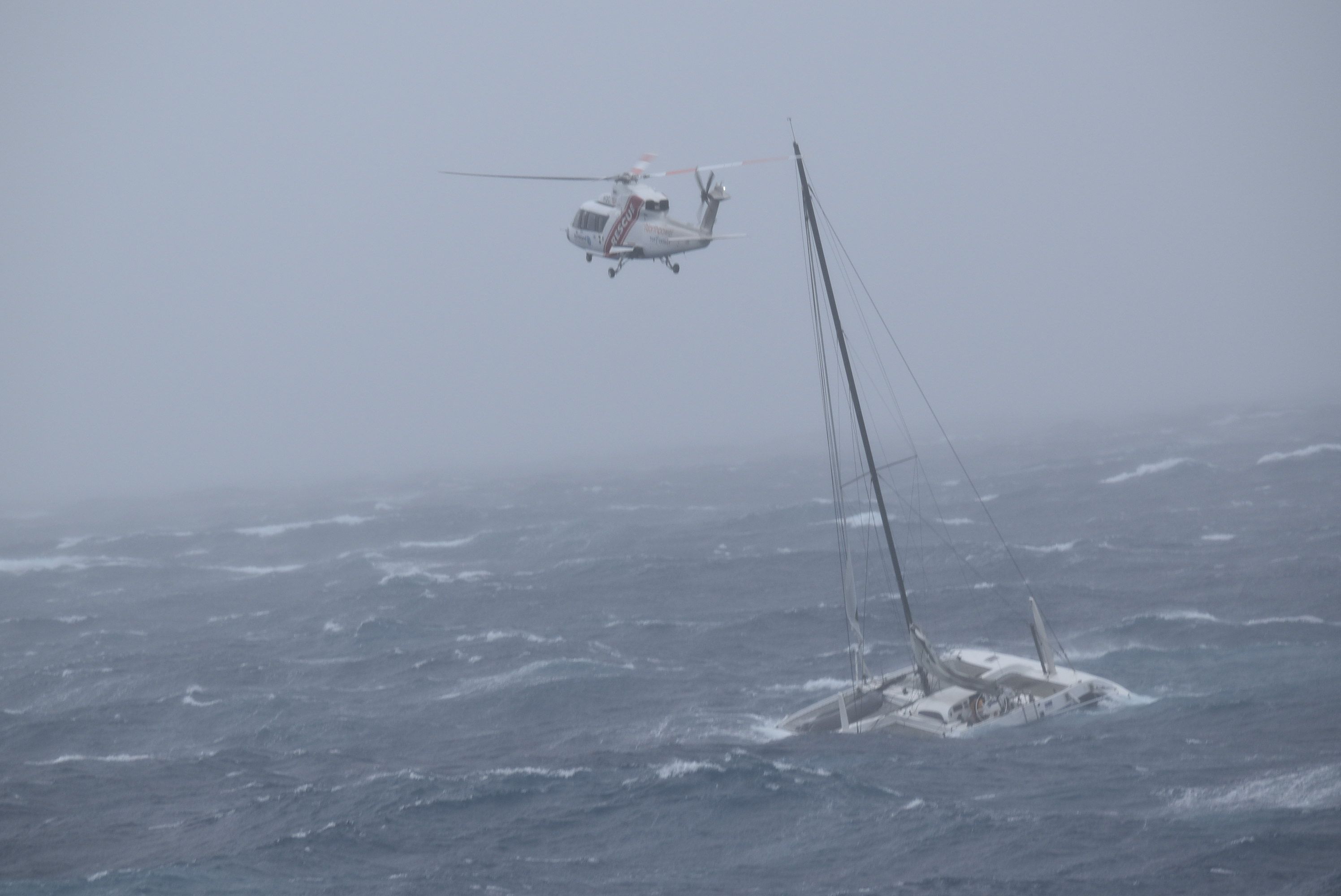 The Northland rescue helicopter assists Te Mana with the rescue mission during Cyclone Gabrielle. Photo / Supplied.