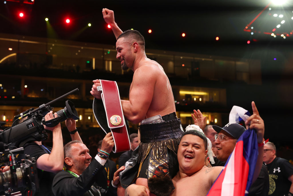 Joseph Parker celebrates victory with the title belt following the WBO Interim World Heavyweight title fight with Zhilei Zhang. Photo / Getty Images