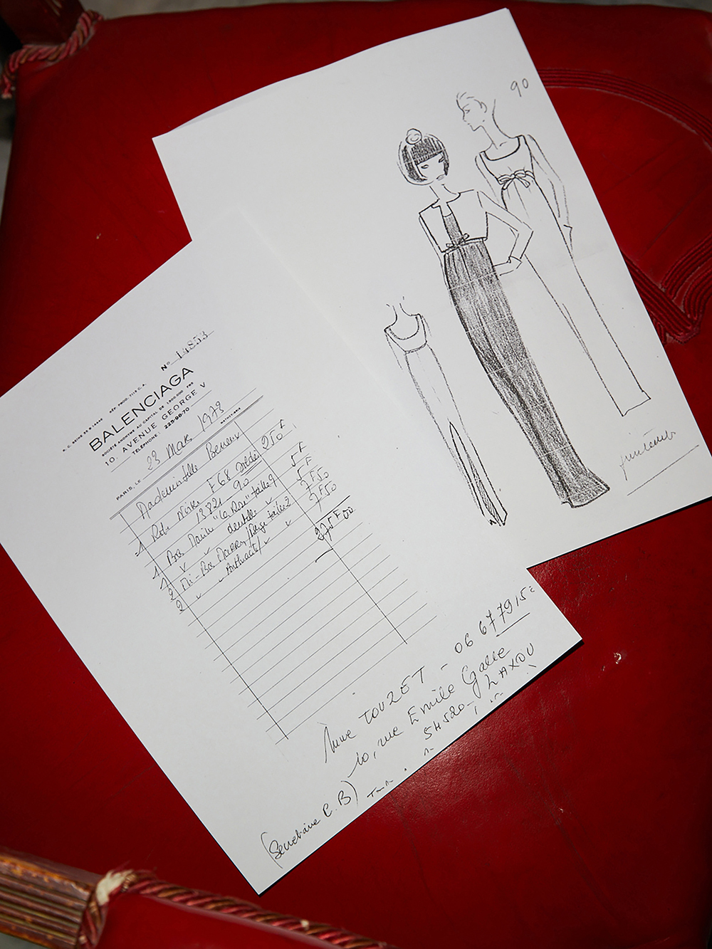 An original sketch of an evening dress from Cristóbal Balenciaga’s 1968 haute couture collection and its 1973 sales receipt, in Paris. Photo / Hugues Laurent, The New York Times