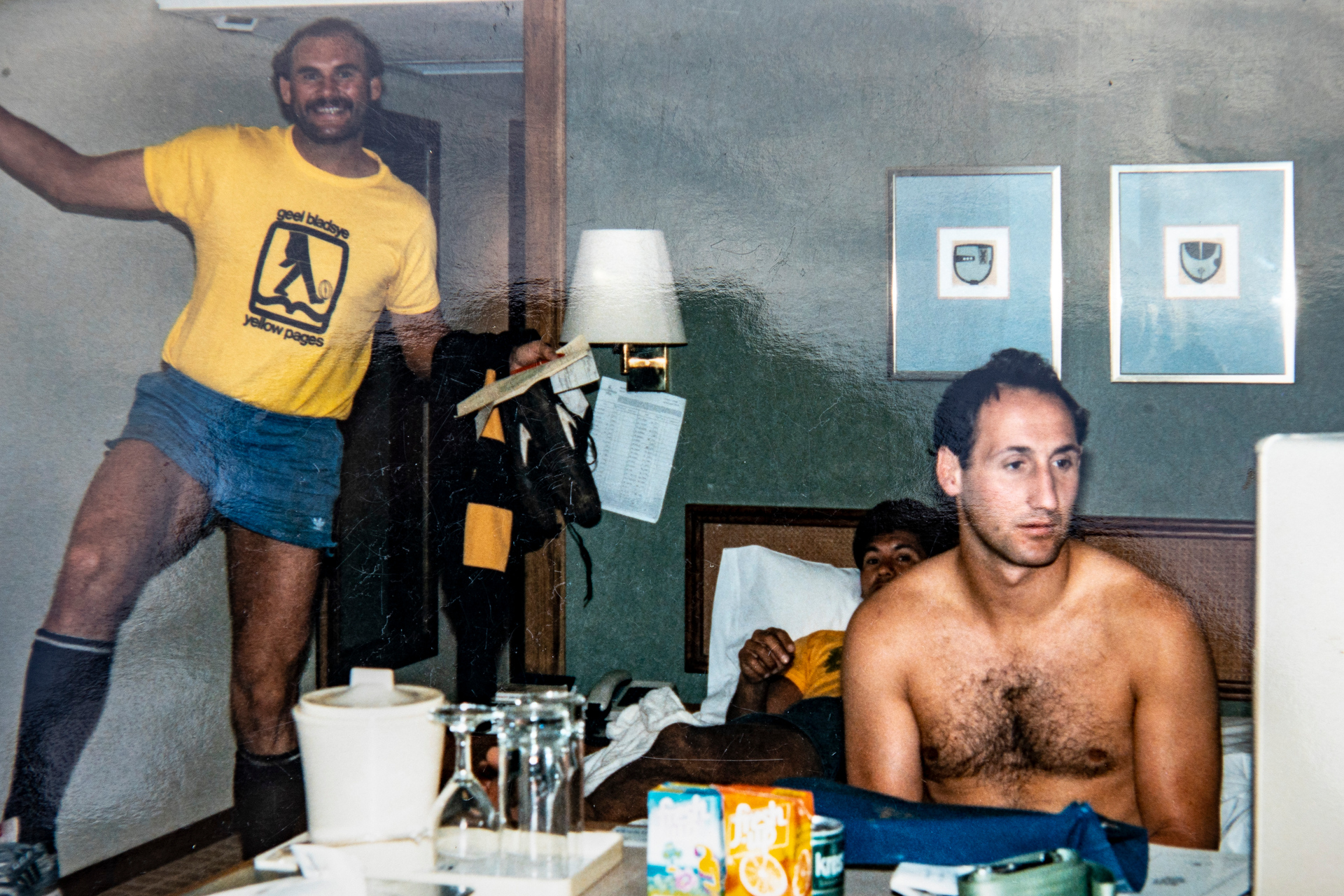Cavaliers players Andy Haden, left, Victor Simpson, and Jock Hobbs unwind in a hotel room during the controversial tour of South Africa. Photo / Malcolm Hood collection