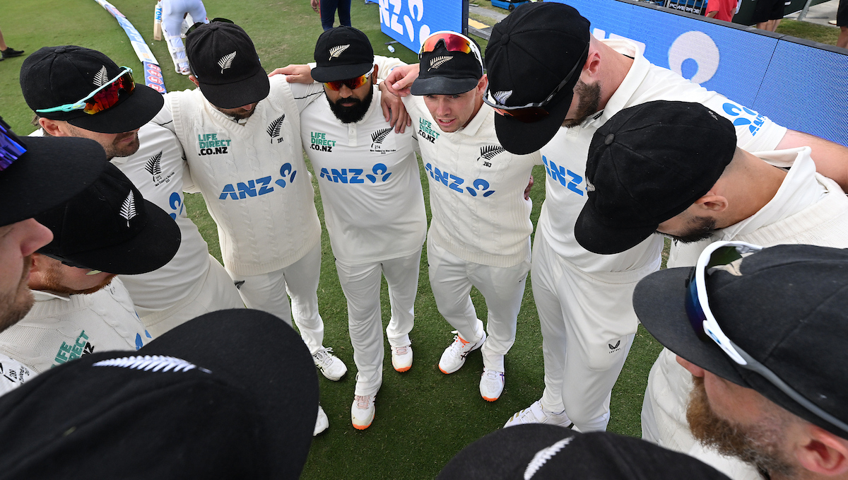 The Black Caps huddle on day two of the third test against the West Indies. Photo / Photosport