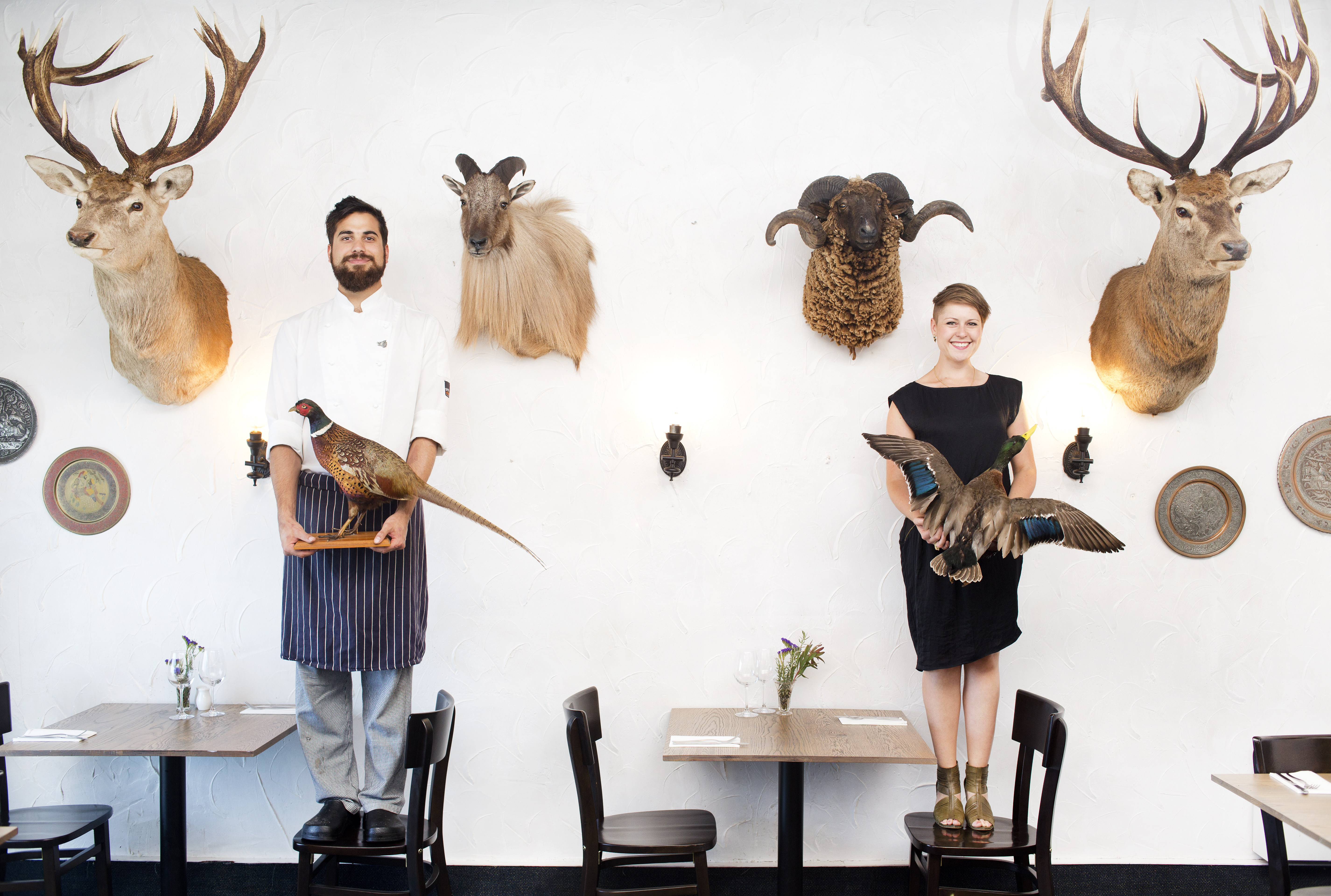 Flashback: Dariush Lolaiy and Rebecca Smidt from a 2017 photo shoot at their restaurant Cazador, where wild game shot by Dariush's dad adorns the walls. Photo / Babiche Martens