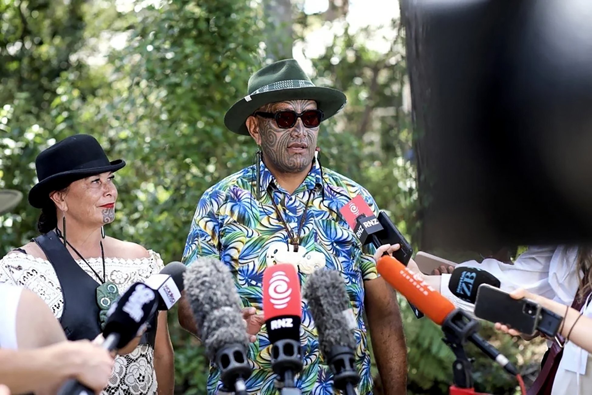 Te Pāti Māori co-leaders Debbie Ngarewa-Packer and Rawiri Waititi talk to media at the Waitangi Treaty Grounds. Photo / RNZ / Marika Khabazi