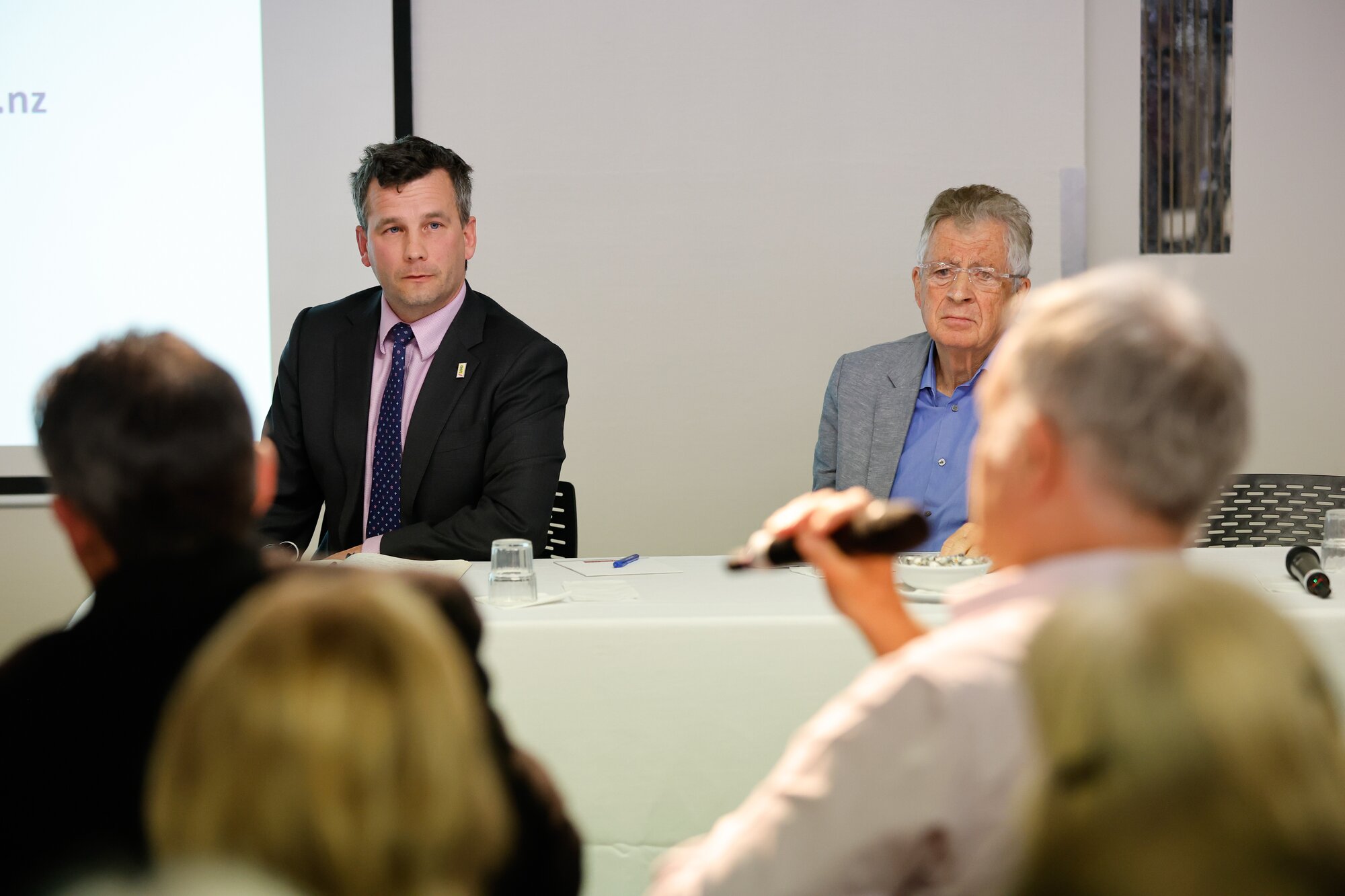 David Seymour and councillor Mike Lee, allies at Seymour's public meeting on housing density in Parnell. Photo / Sylvie Whinray