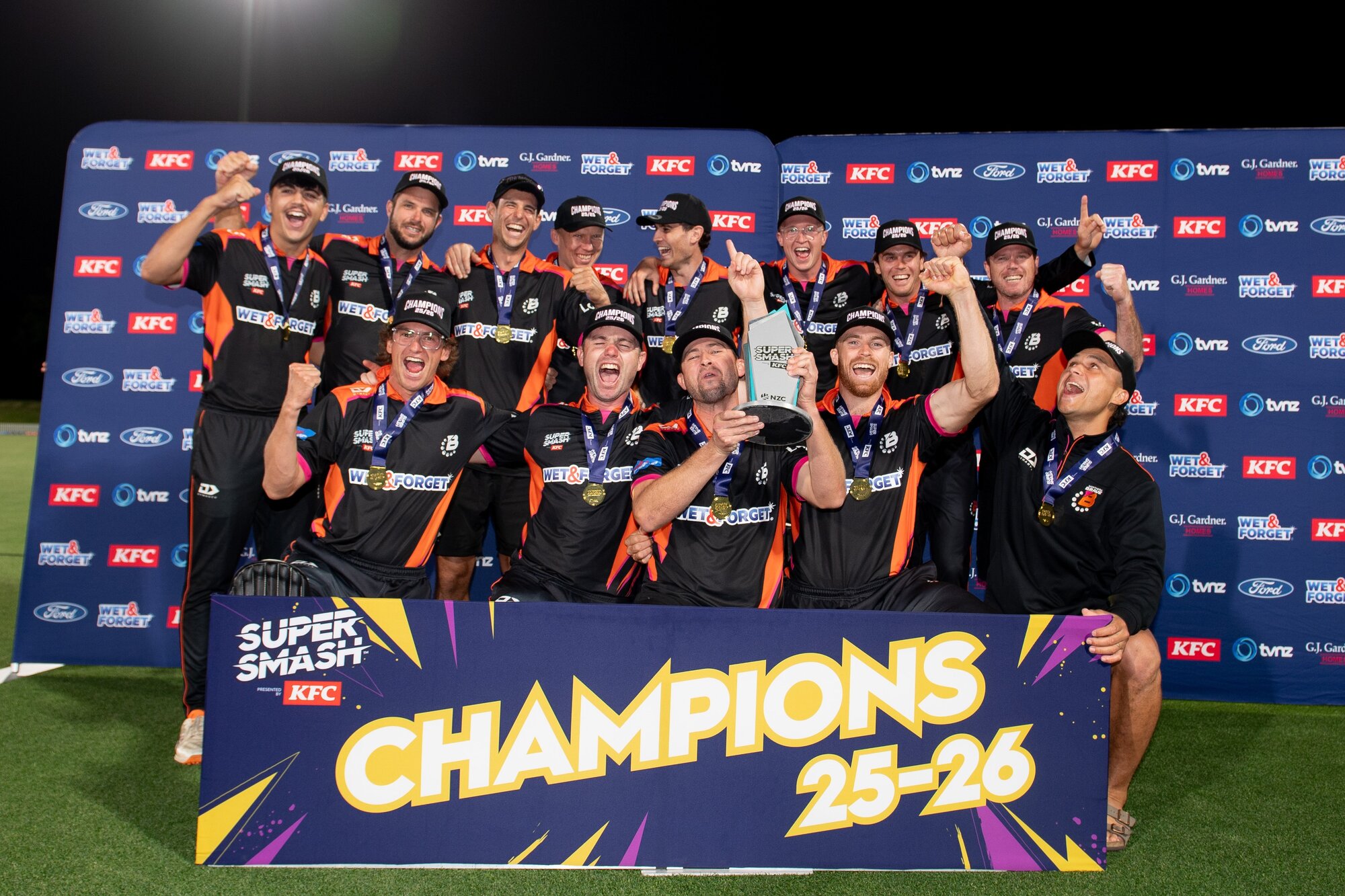 The Northern Brave celebrate winning the men's 2026 Super Smash grand final, beating the Canterbury Kings at Hagley Oval. Photo / Photosport