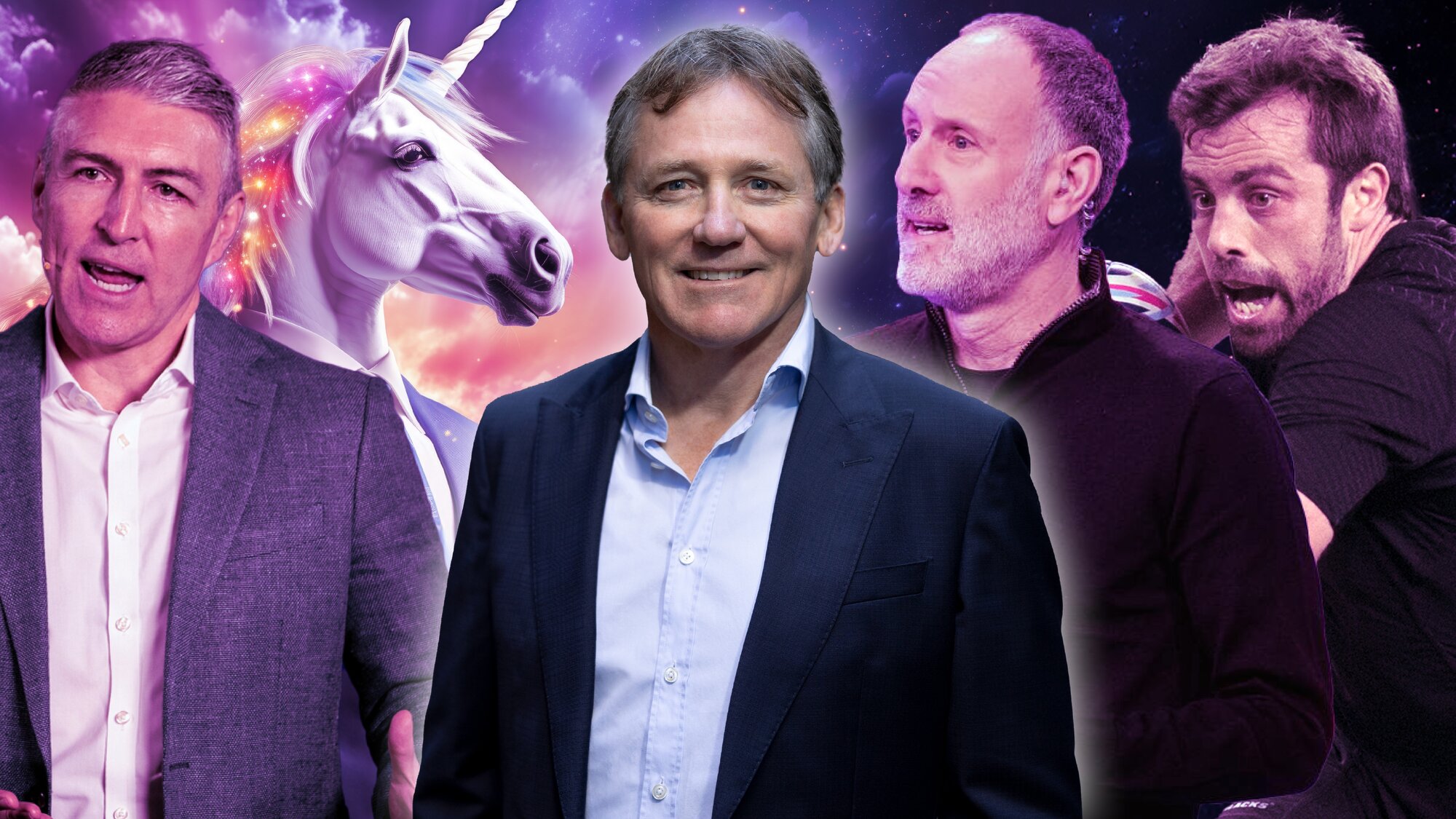 Left to right: One NZ CEO Jason Parris, a unicorn, NZ Rugby chair David Kirk, former Sky chief executive Martin Stewart and Conrad Smith.