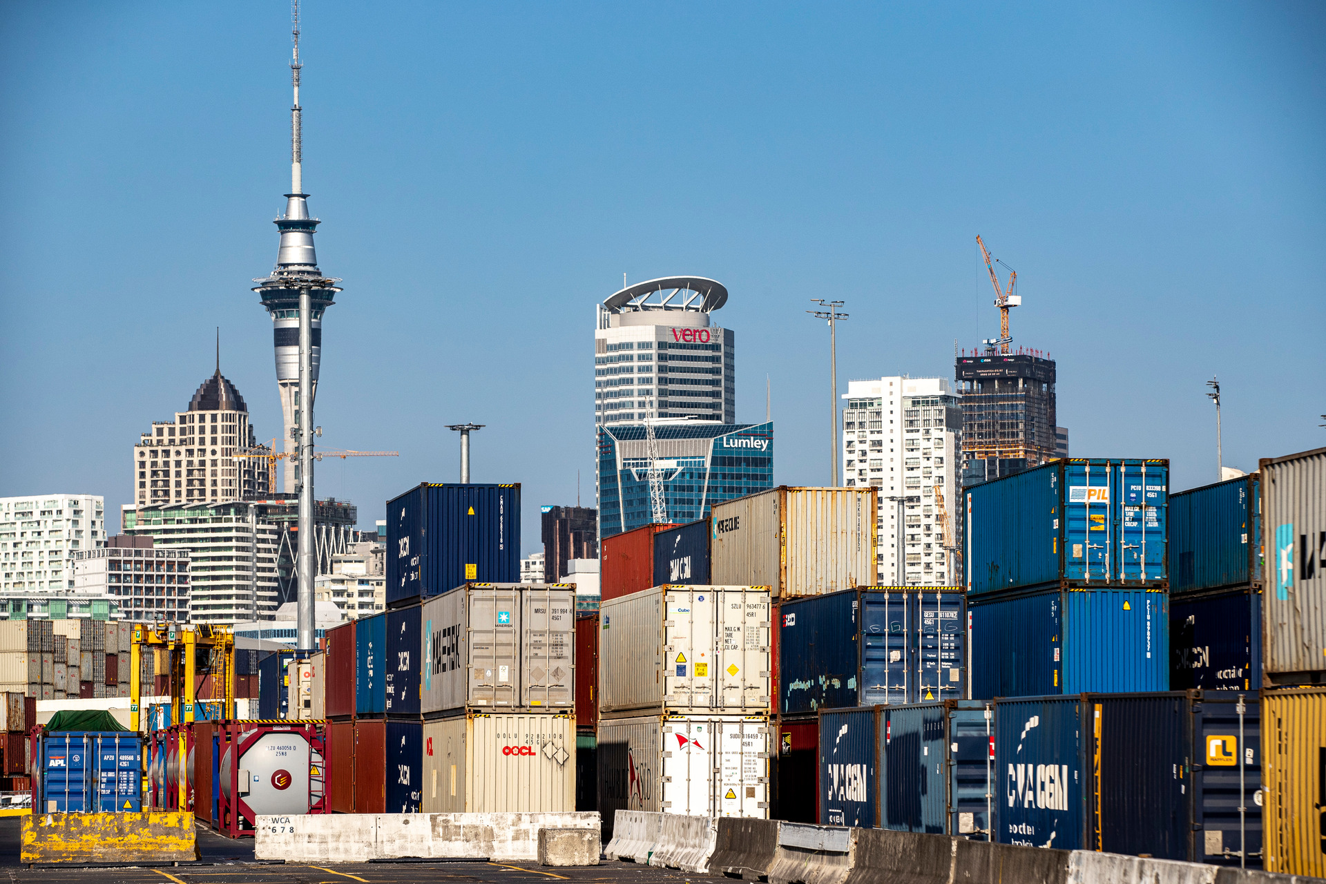Containers awaiting removal at the Auckland port. Photo / Michael Craig