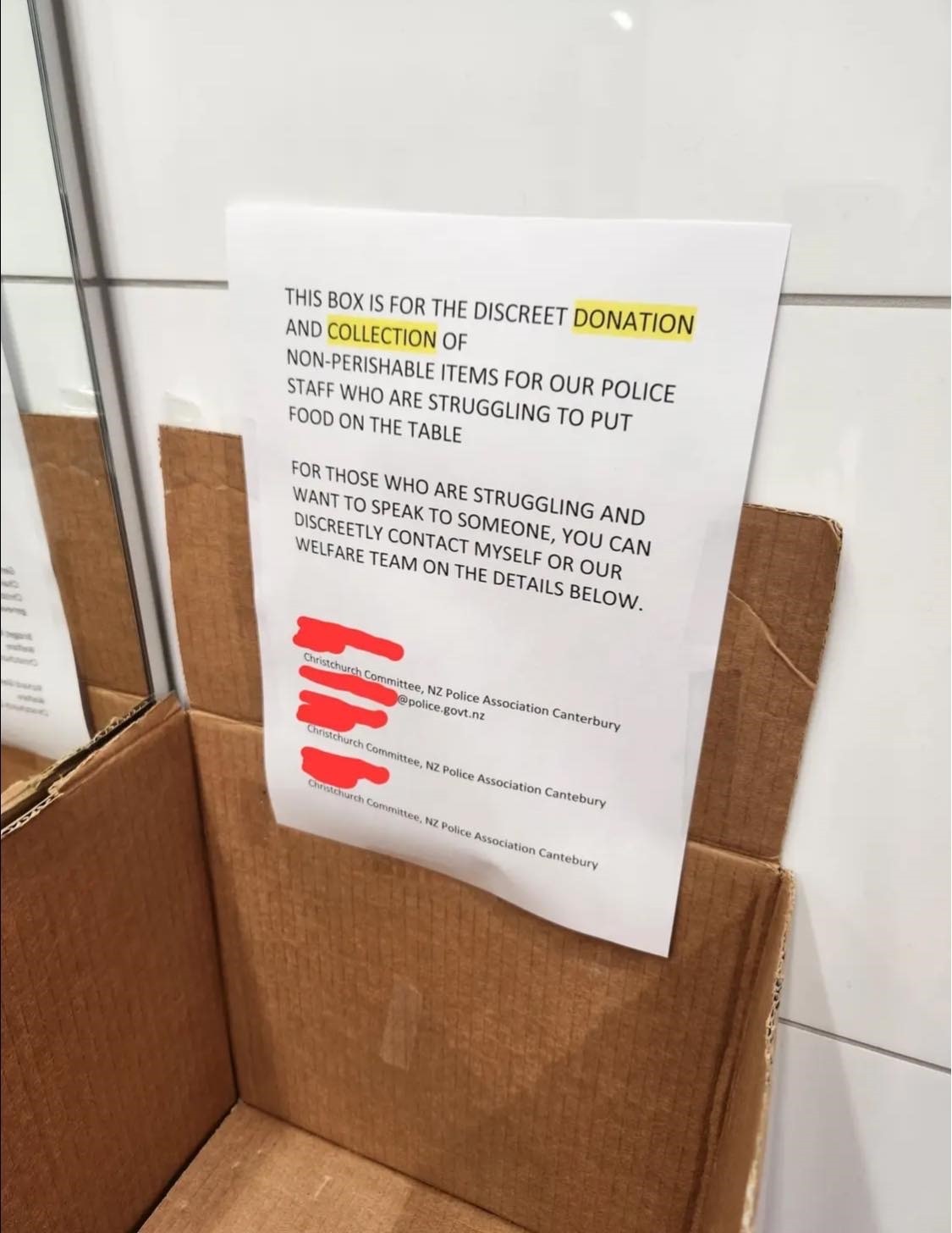 A box asking for 'discreet' donation and collection of non-perishable items has been placed in a Christchurch police station.
