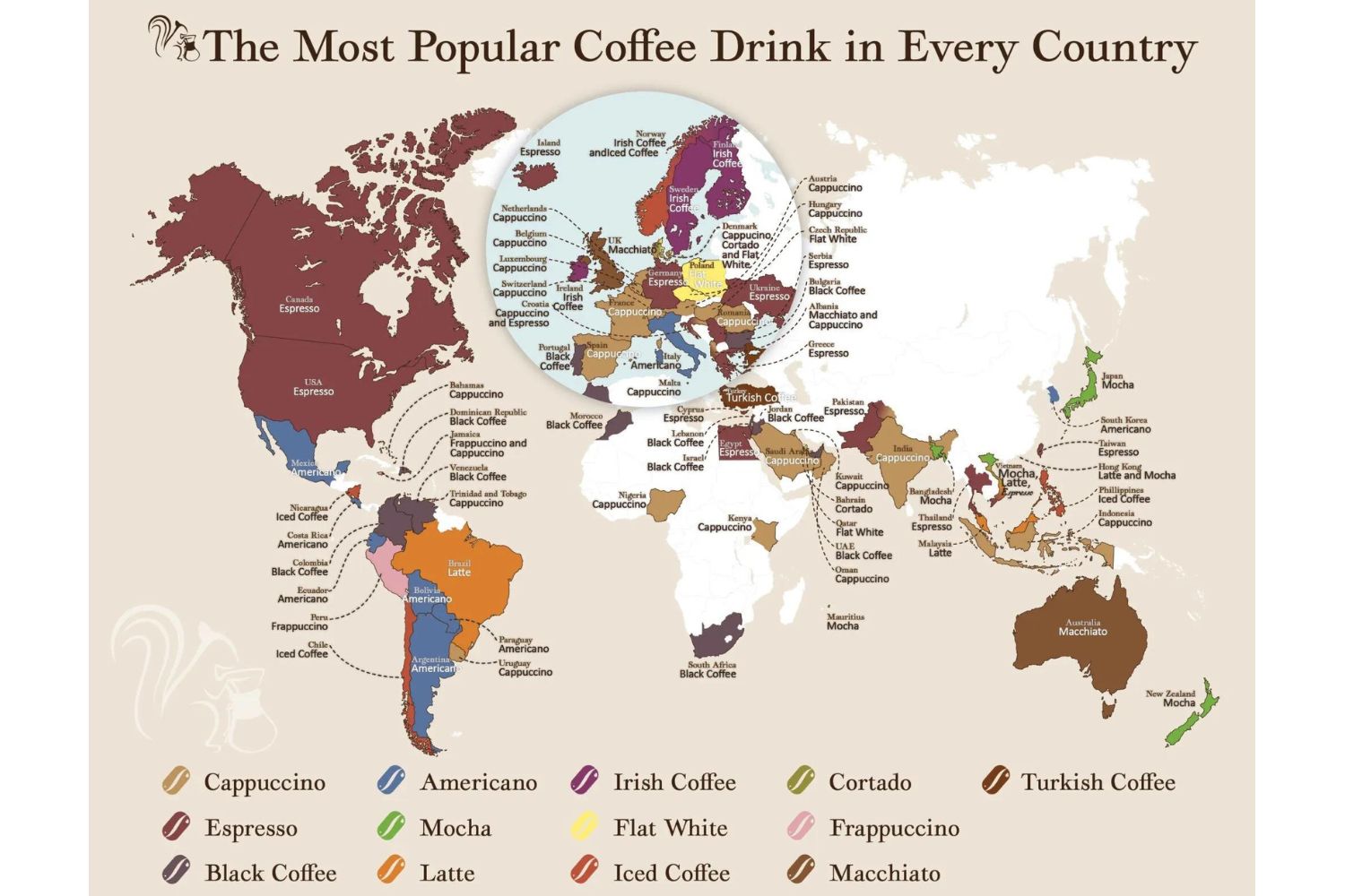 This world map reveals every country's favourite coffee — and the cappuccino is No.1 overall. Photo / Coffeeness