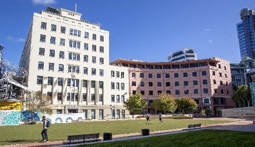 The six-storey salmon-coloured building in Civic Square has been closed since the Kaikoura earthquake. Photo / Mark Mitchell 
