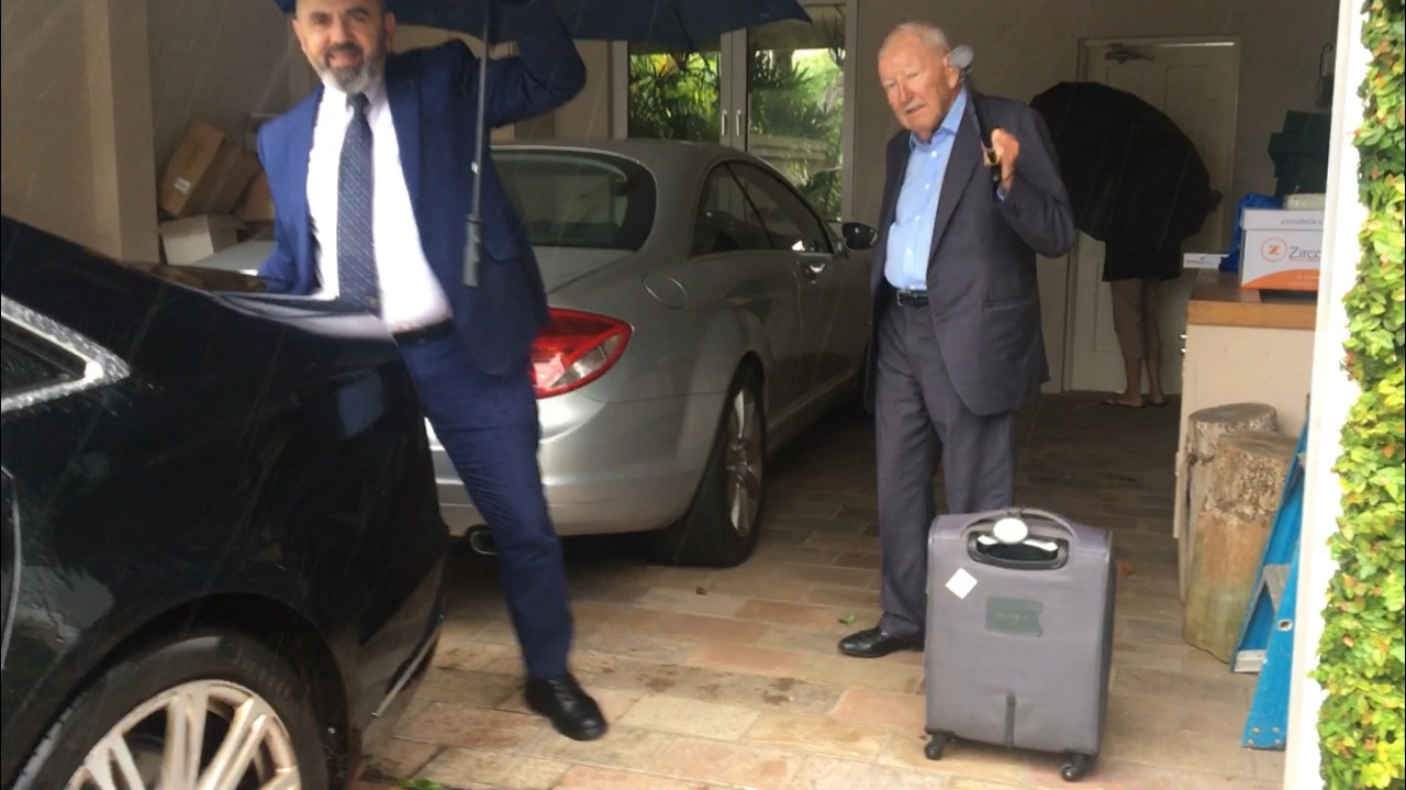 Sir Ron Brierley (right) at his Point Piper home in Sydney, Australia, on the eve of his first court appearance on child porn charges. Photo / David Fisher