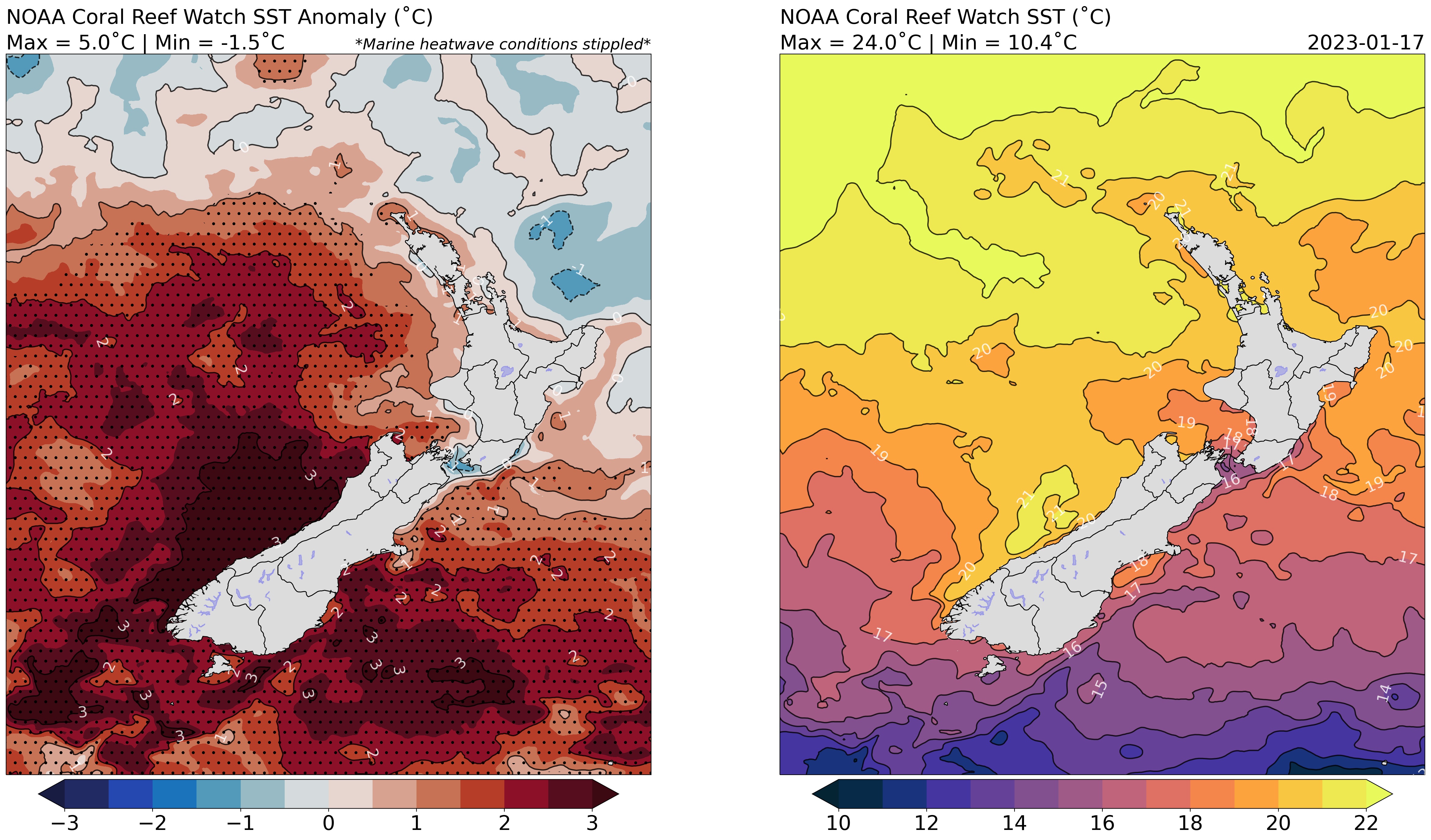This map shows sea surface temperatures around New Zealand by anomaly (left) and temperature (right) as at January 17. Amid a widespread marine heatwave, sea temperatures off the South Island's West Coast have been running as warm as - and in some places hotter - than those observed in the upper north. Image / NOAA