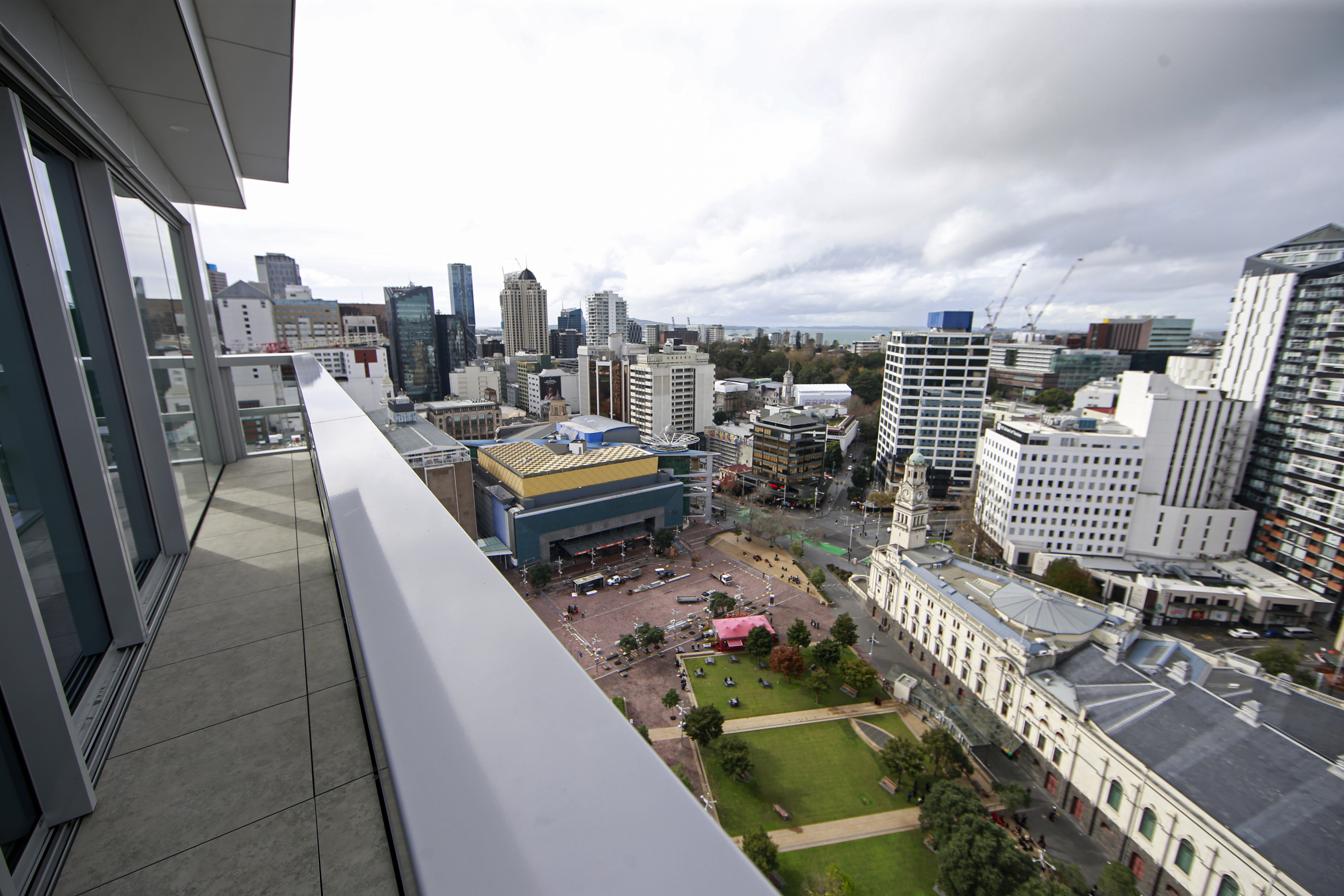 Exterior deck overlooking Aotea Square within the level 18 penthouse at The Cab. That unit is for sale for $16.5m. Photo / Alex Burton