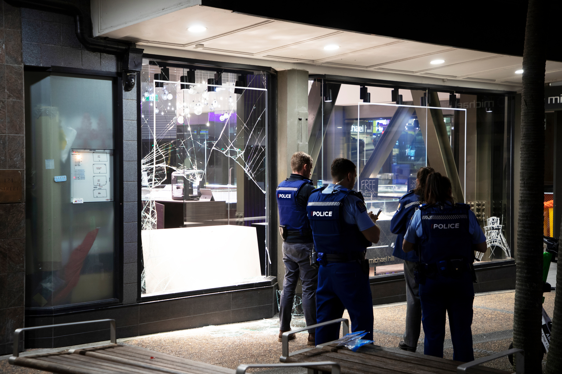 Police investigate a smash-and-grab burglary of a Michael Hill store in Auckland last month. Photo / Hayden Woodward