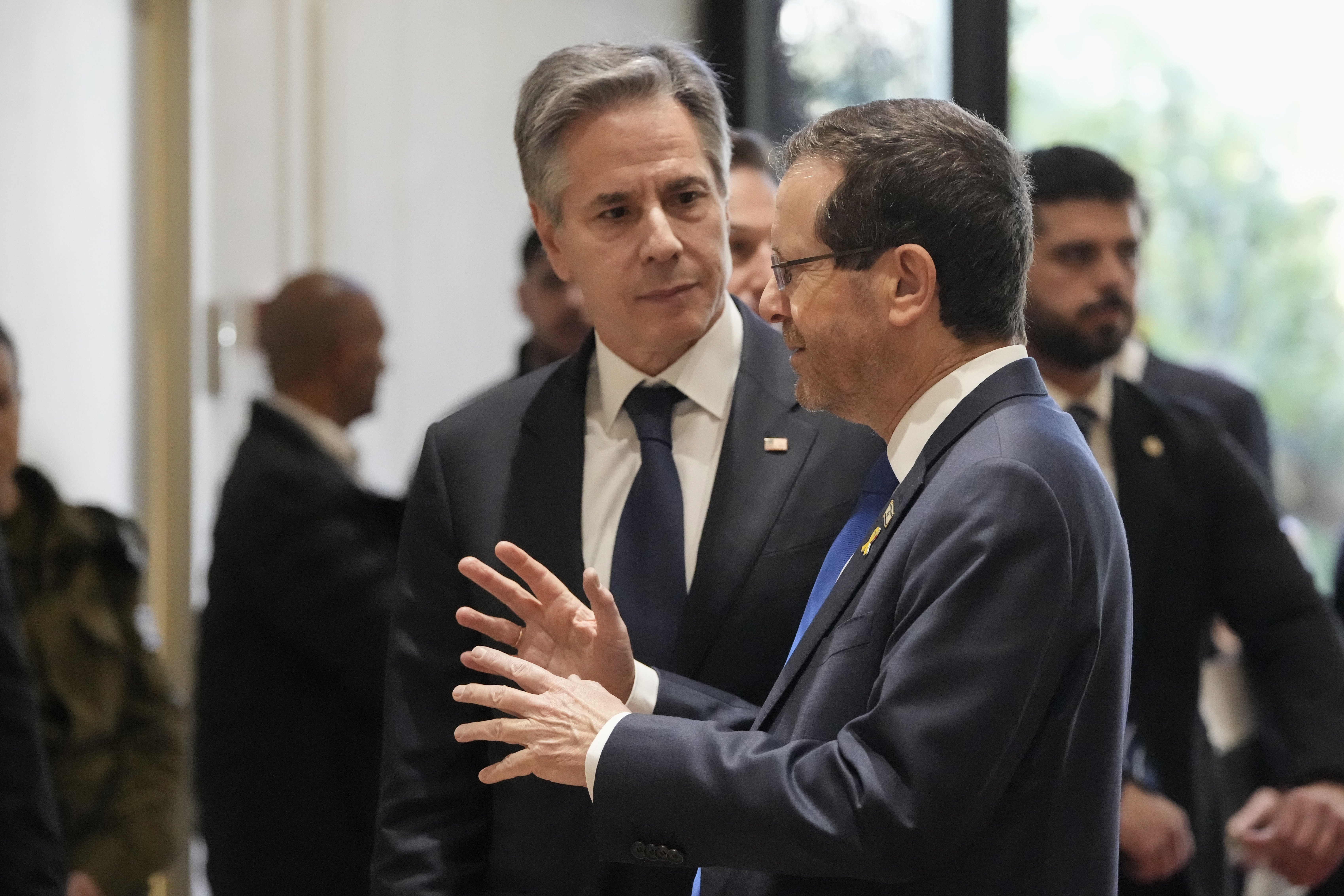Israel's President Isaac Herzog, right, and US Secretary of State Antony Blinken talk during their meeting at the President's Residence in Jerusalem, Israel. Photo / AP