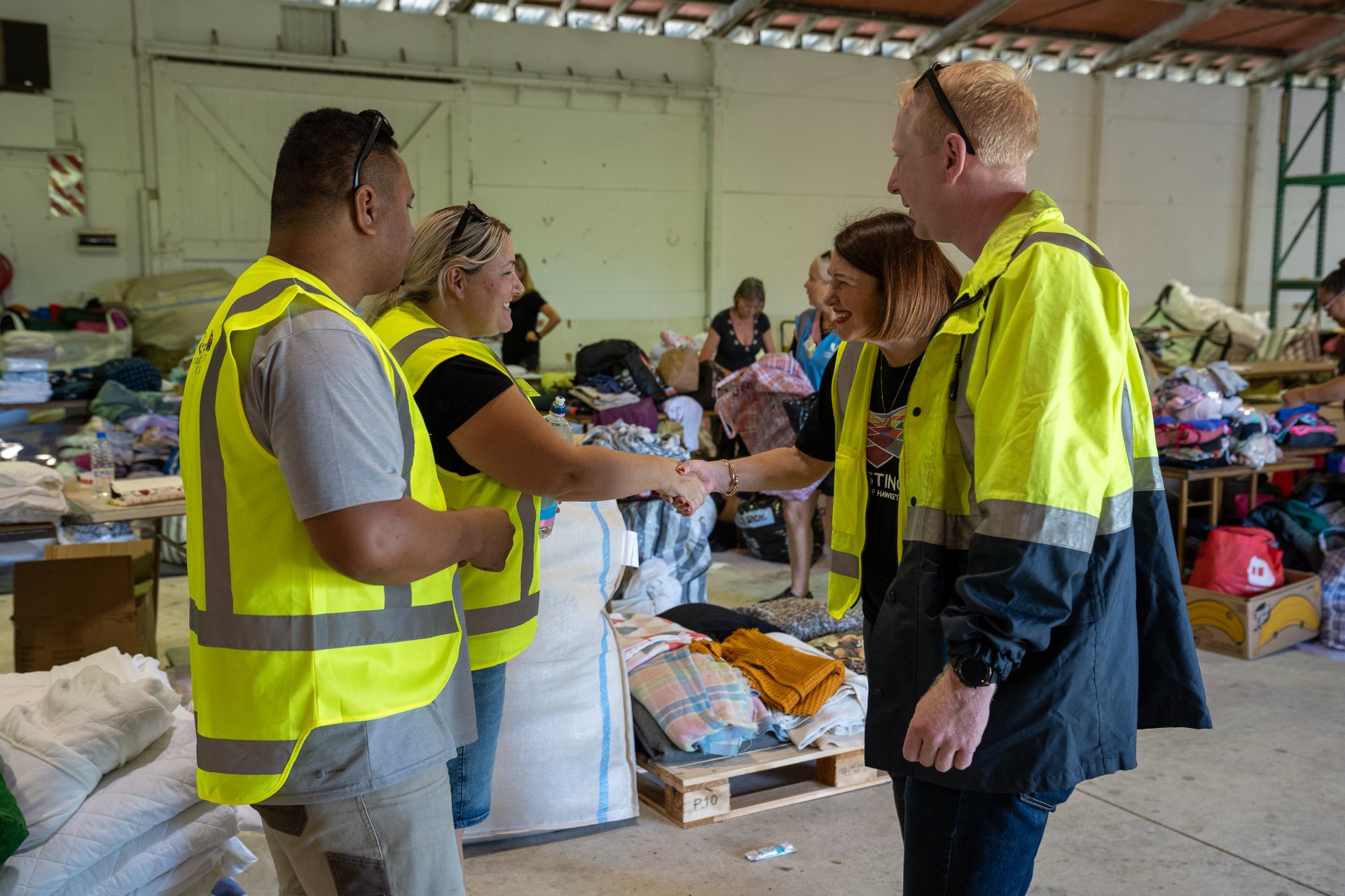 Hastings ayor Sandra Hazlehurst visiting volunteers at the Tomoana Showgrounds distribution hub set up in the aftermath of Cyclone Gabrielle.