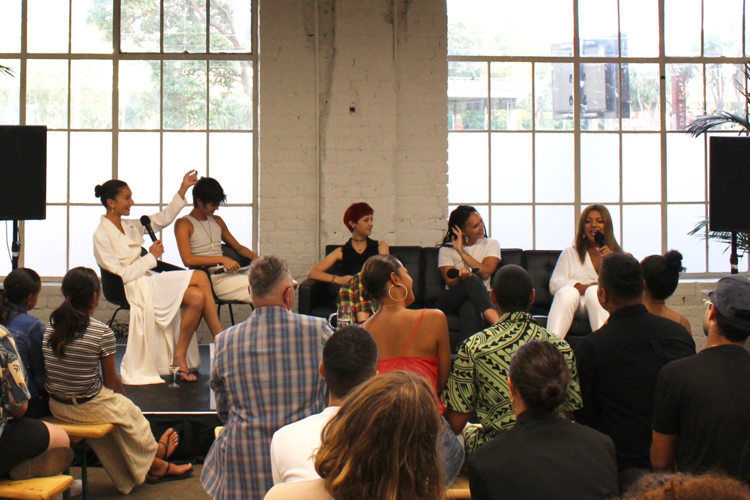 Mana Mackay, Rob Tennent, Possum Plows, Shaki Wasasala, and Jaycee Tanuvasa at the Pride 2020 'Use Your Voice' panel at Showroom 22. Photo / Supplied