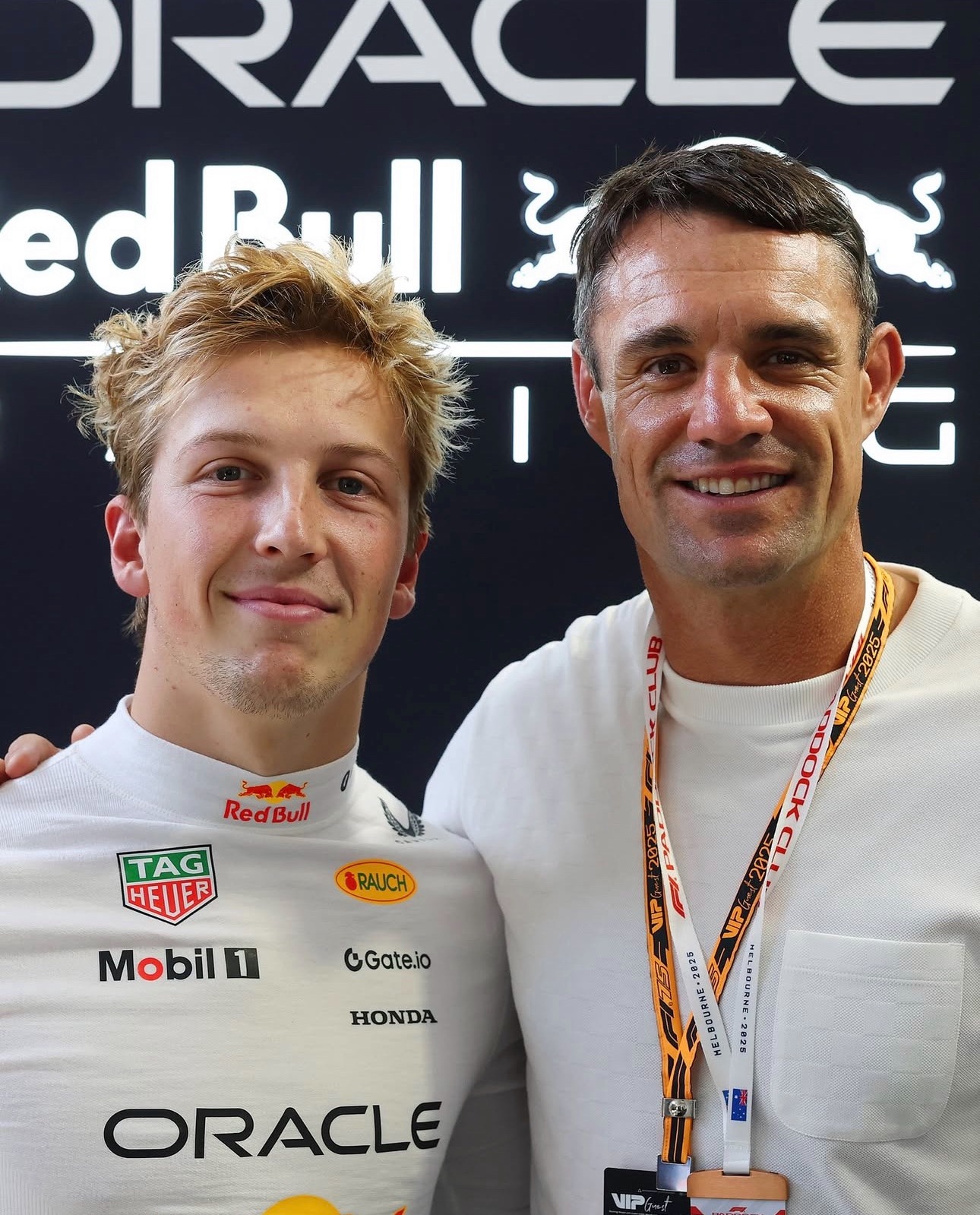Liam Lawson (left) and Dan Carter (right) at the Formula 1 in Melbourne. Photo / @F1