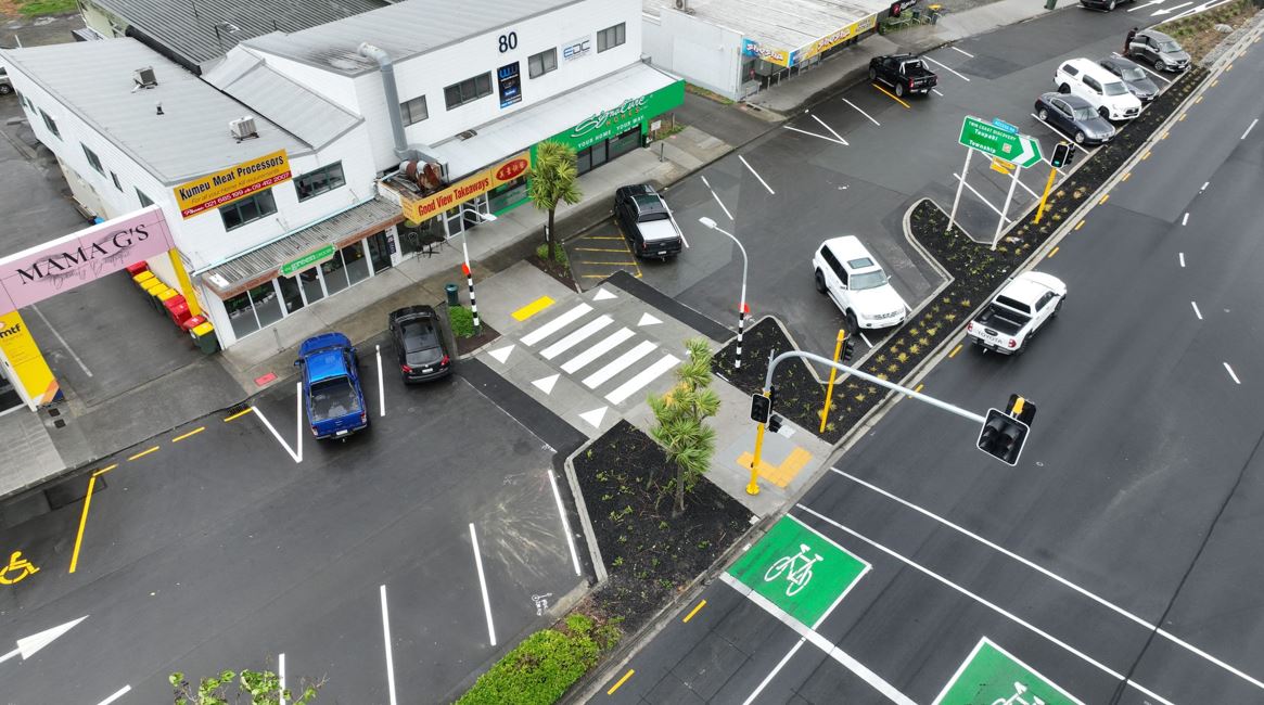 A new pre-cast table on a raised pedestrian crossing in Kumeū was installed in one night. Photo / Auckland Transport