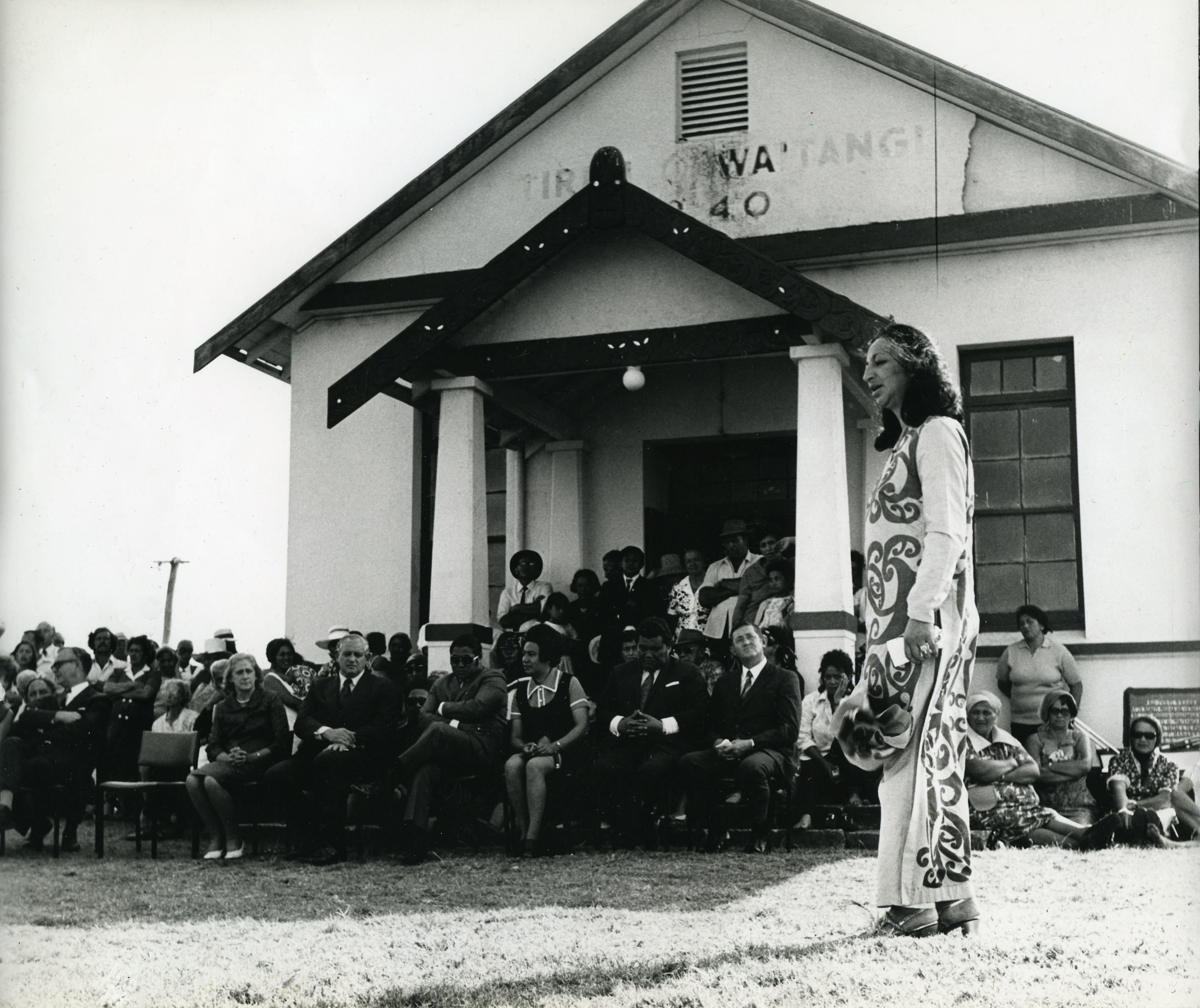 MP Whetu Tirikatene-Sullivan speaking at Waitangi Marae on February 19, 1973. Photo / NZ Herald
