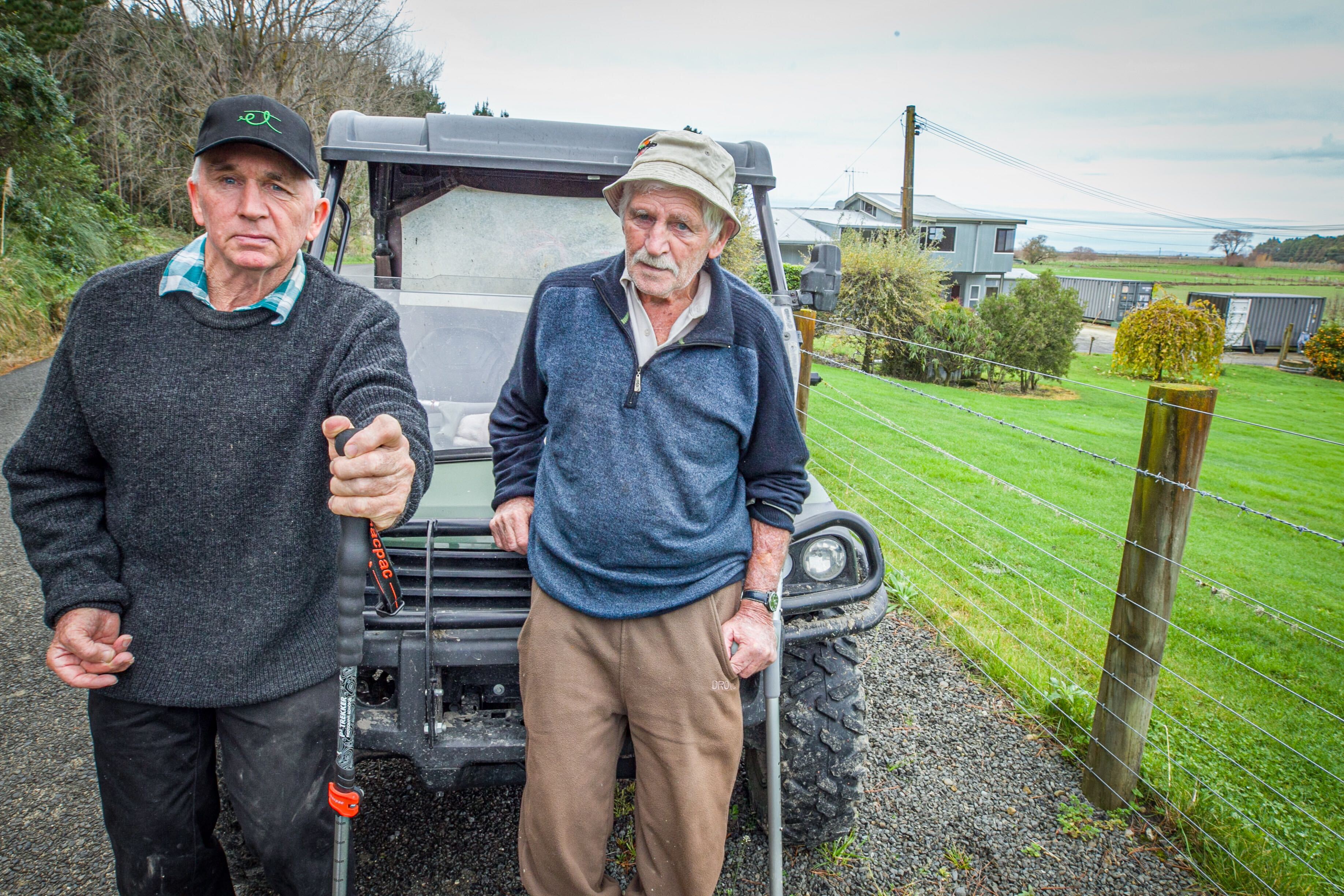 Tangoio resident and farmer Barry Hoy (right) and son Merv Hoy, next to Barry's home and farm. Photo / Warren Buckland
